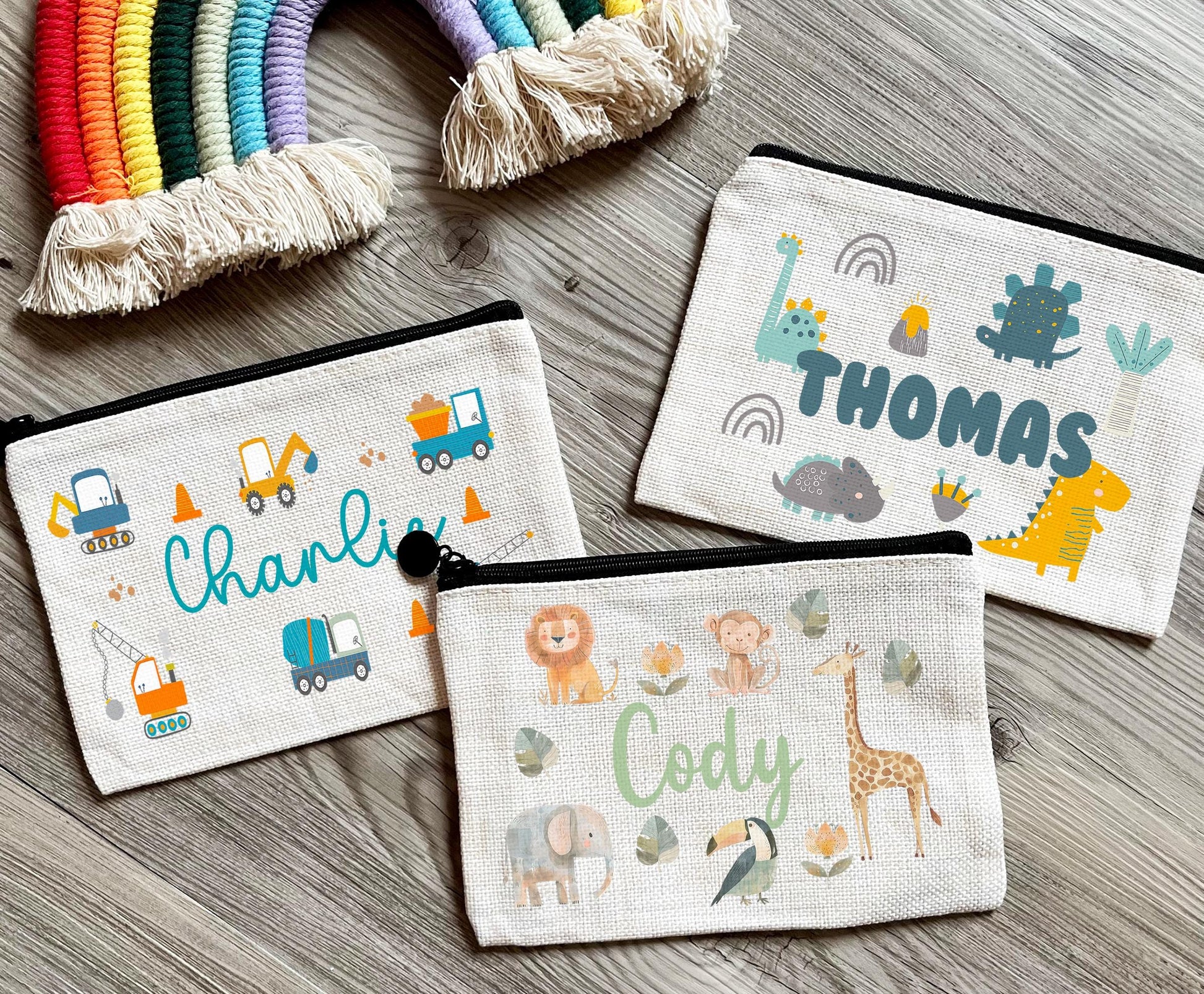 Personalised  childrens dinosaur pencil case, Personalised Jungle animal pencil case, Personalised digger pencill case, Back to school