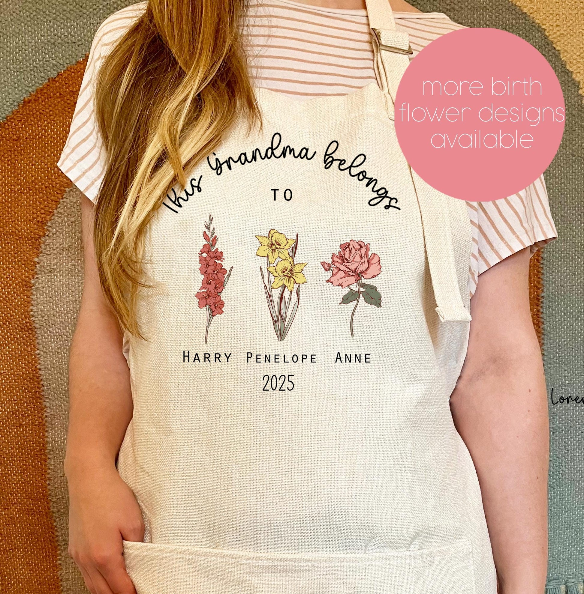 Personalised grandchild birth flower apron,  grandmother custom present pinny, Personalised mummy baking apron, Personalised granny baking