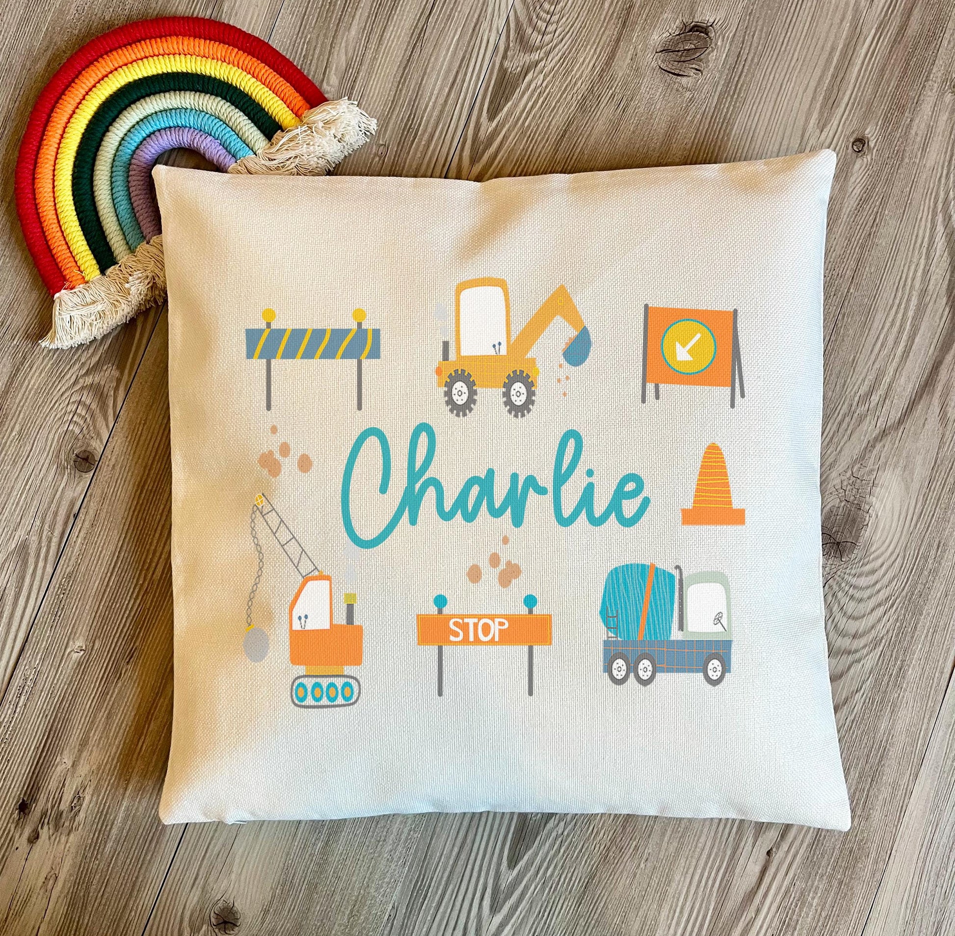 Personalised childrens digger cushion, Childrens digger decor, Childrens digger bedroom decor