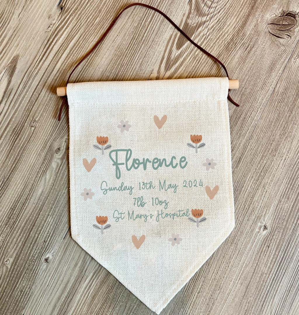 personalise new baby birth stat wall hanging, new baby gift, nursery decor, baby gifts, boho flower baby gift, personalised baby gifts