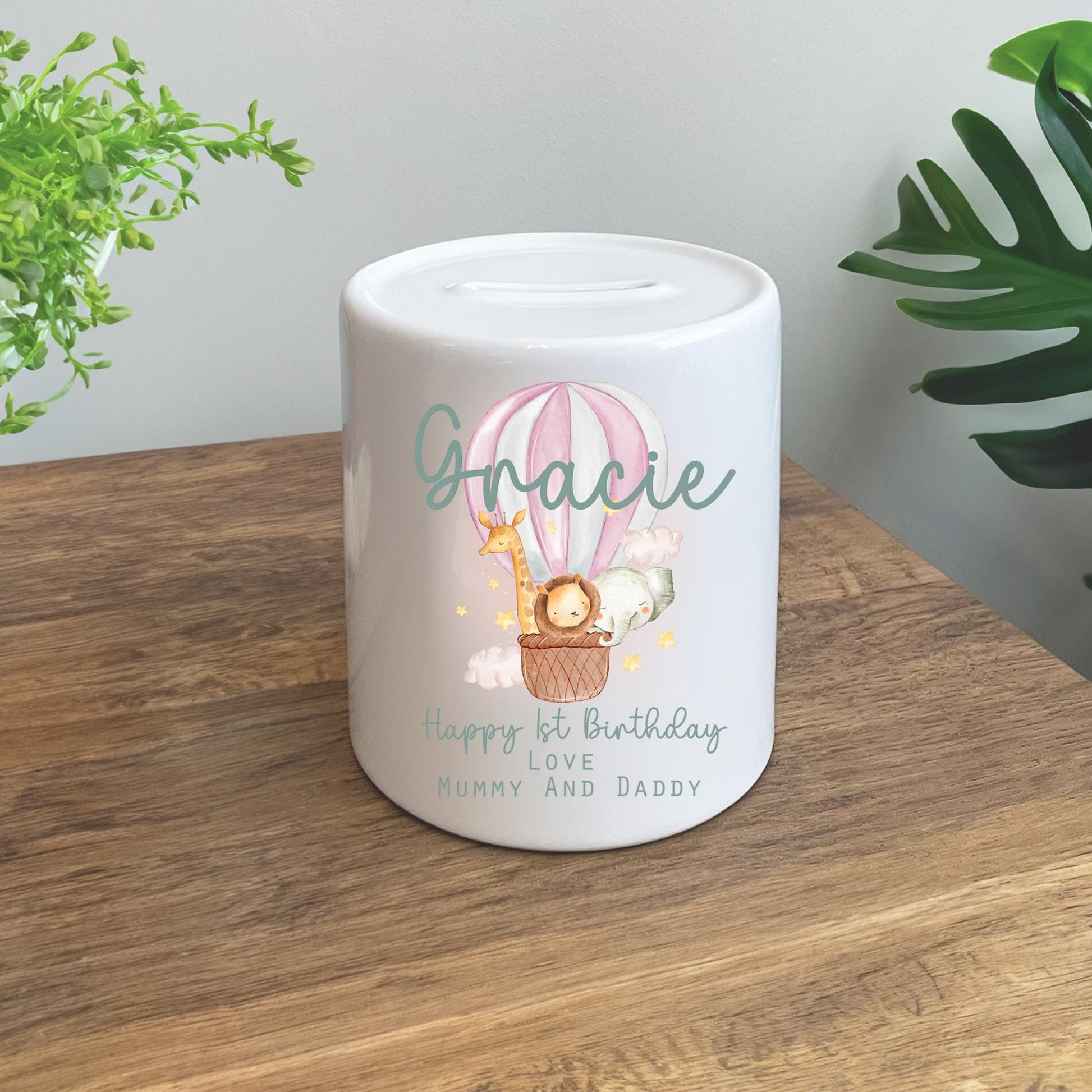 Personalised animal hot air balloon first birthday money pot giftfirst birthday gift
