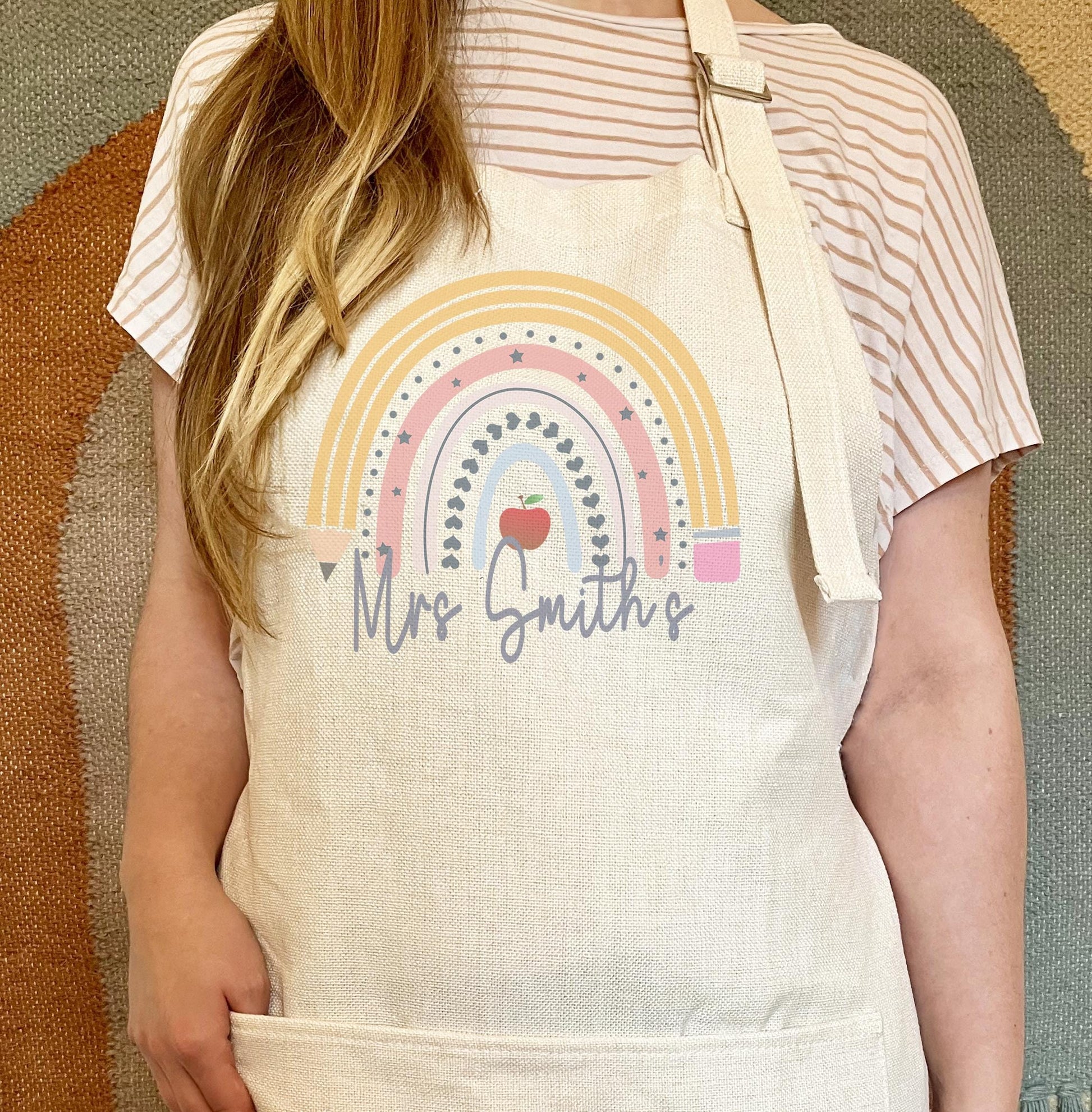 Personalised  teacher  rainbow apron, teacher apron gift, teacher apron, Nursery apron, Preschool apron, Teacher appreciation apron