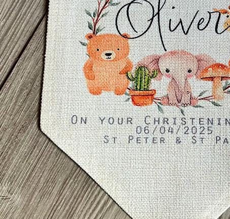 personalised christening safari animal wall hanging, christening gift, baptism gift, wall hanging, baby gift, christening baby gift