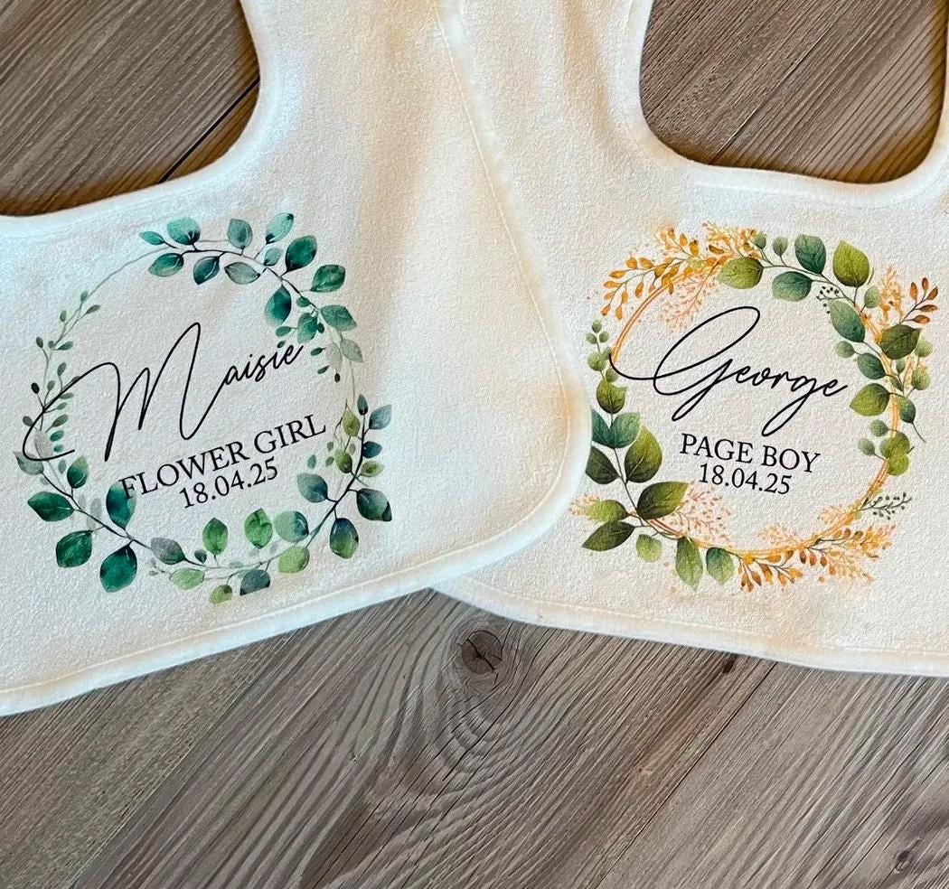 Personalised flower girl wreath bib , Personalised page boy wreath bib , Personalised dribble bib , Personalised flower girl wedding favour