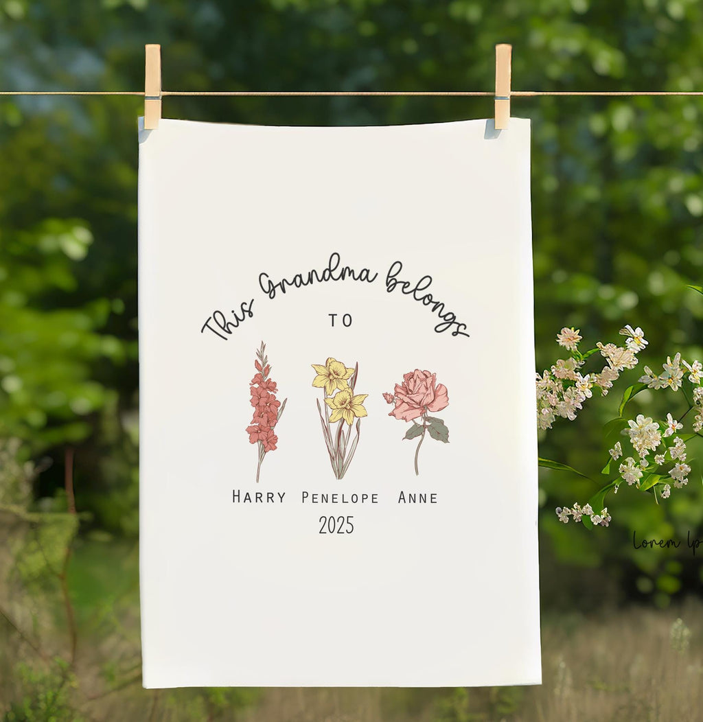 Personalised grandchild birth flower tea towel, Grandmother custom present tea towel , Personalised mummy tea towel, Personalised mum towel