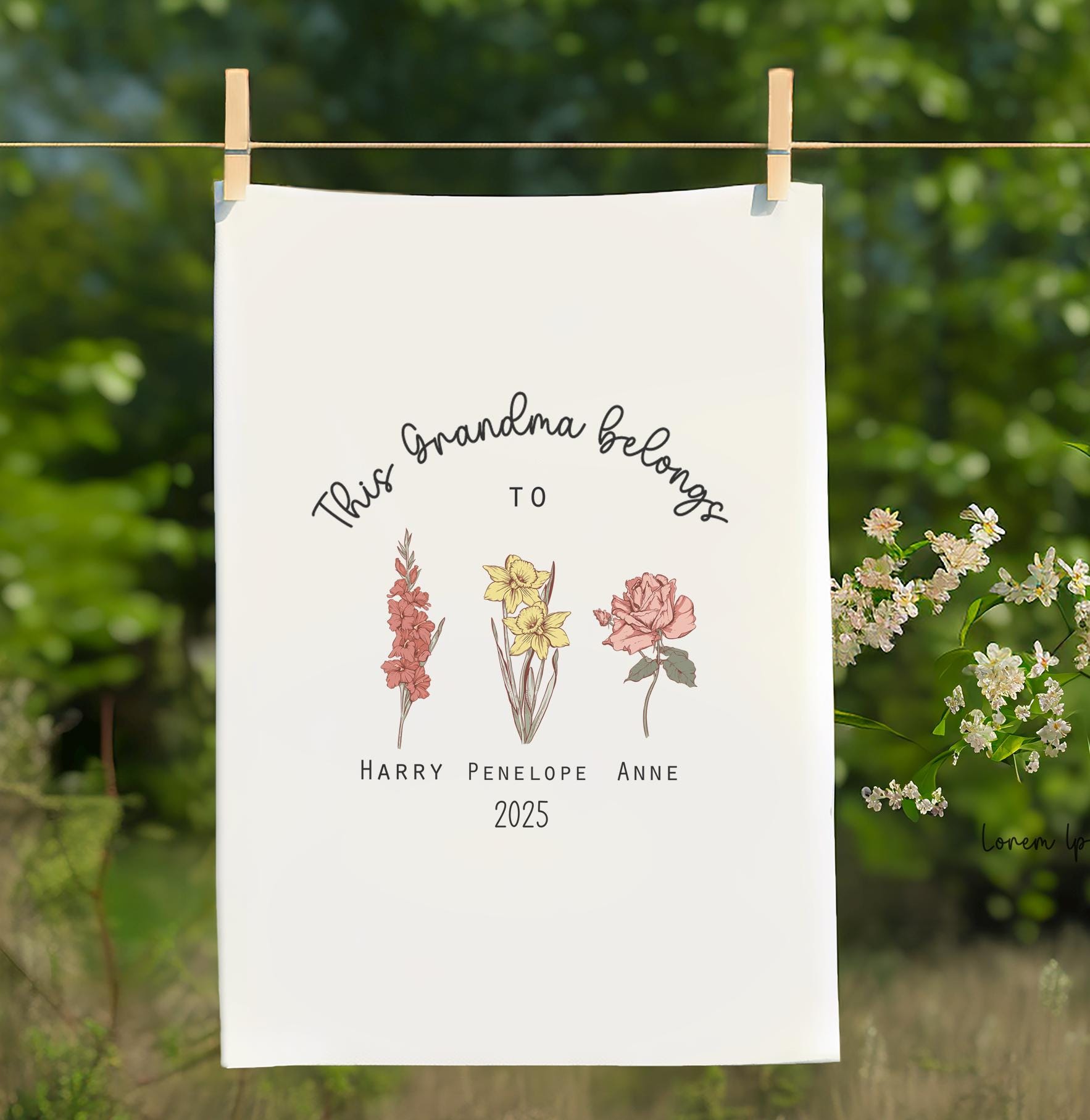 Personalised grandchild birth flower tea towel, Grandmother custom present tea towel , Personalised mummy tea towel, Personalised mum towel