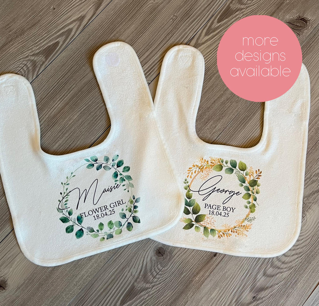 Personalised flower girl wreath bib , Personalised page boy wreath bib , Personalised dribble bib , Personalised flower girl wedding favour