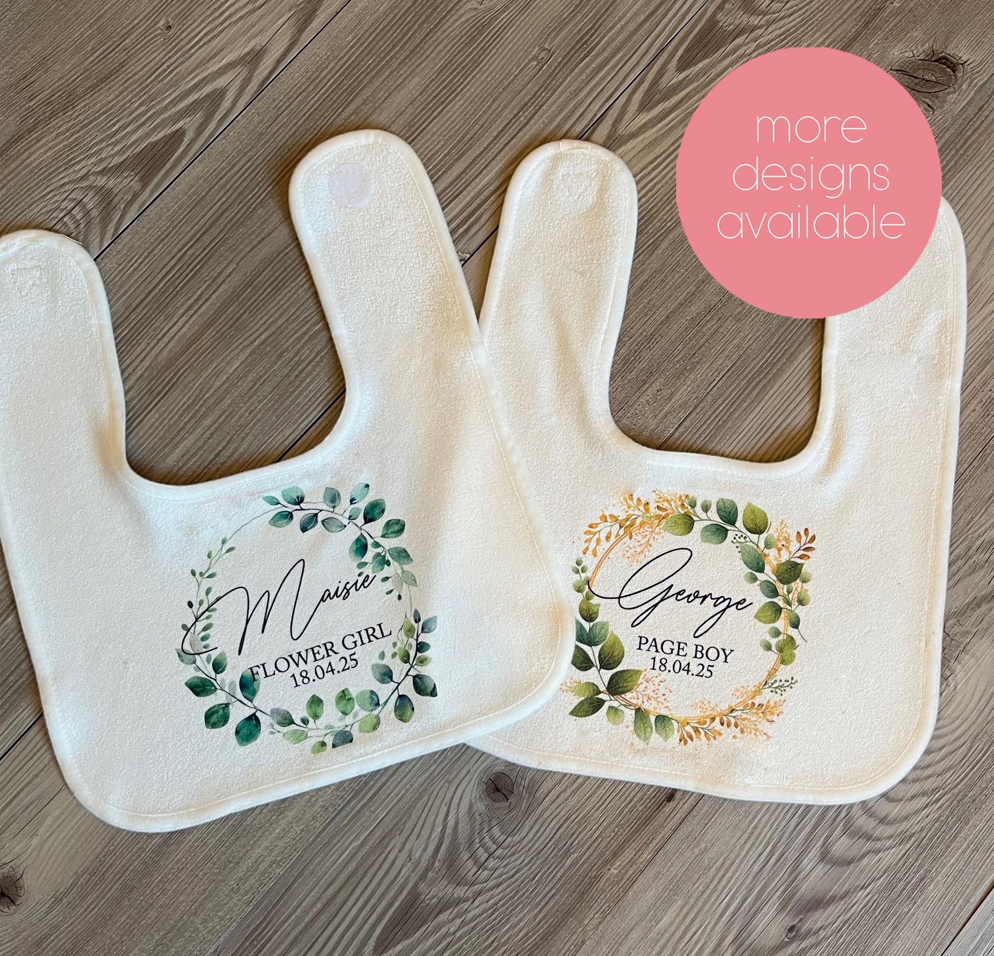 Personalised flower girl wreath bib , Personalised page boy wreath bib , Personalised dribble bib , Personalised flower girl wedding favour