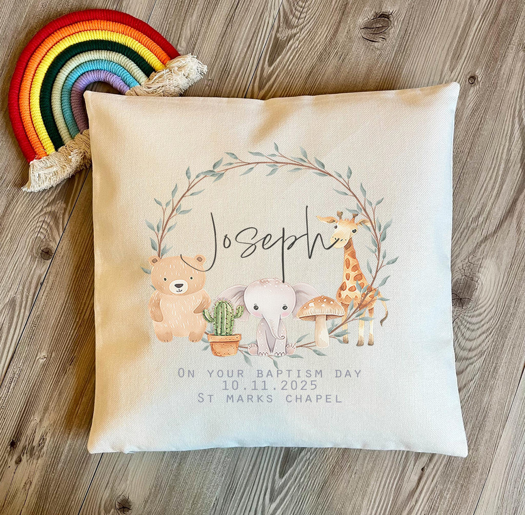 Personalised christening safari animal cushion gift, baptism cushion, Religeous cushion, Childrens christening gift, Dedication day gift