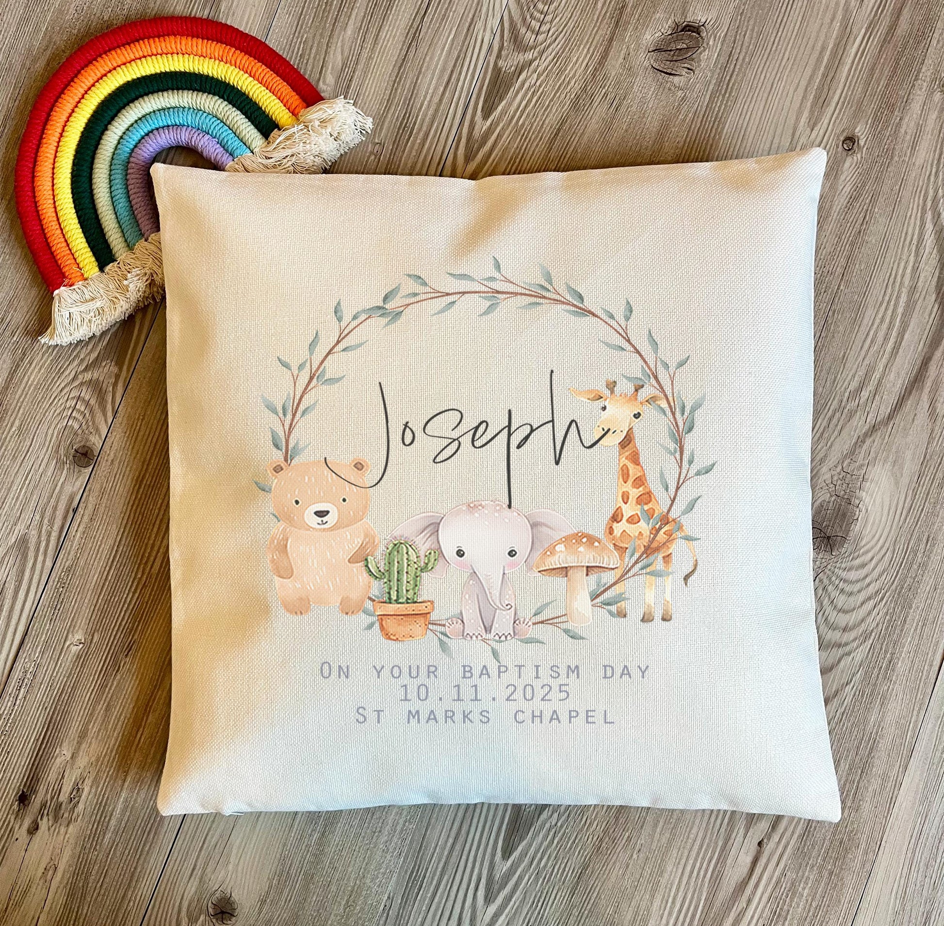 Personalised christening safari animal cushion gift, baptism cushion, Religeous cushion, Childrens christening gift, Dedication day gift