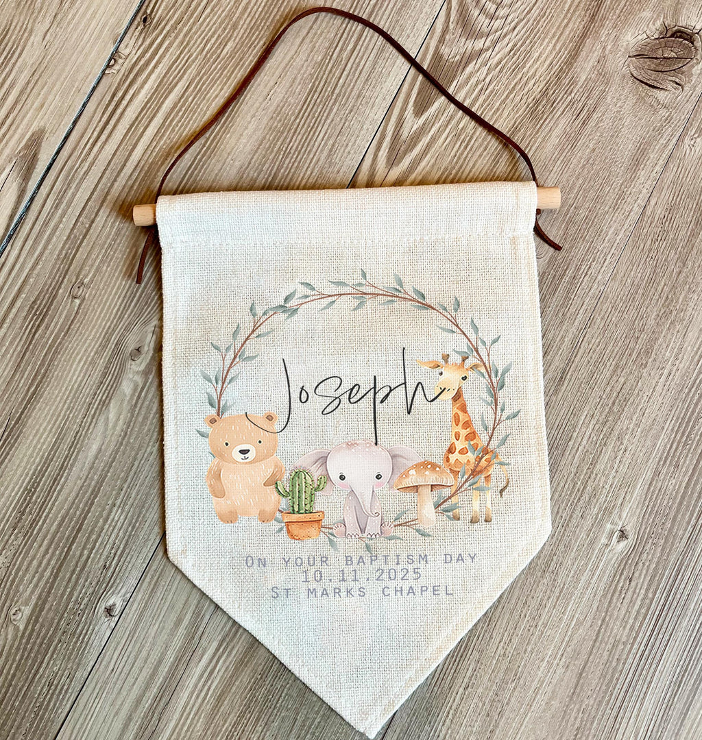 personalised christening safari animal wall hanging, christening gift, baptism gift, wall hanging, baby gift, christening baby gift
