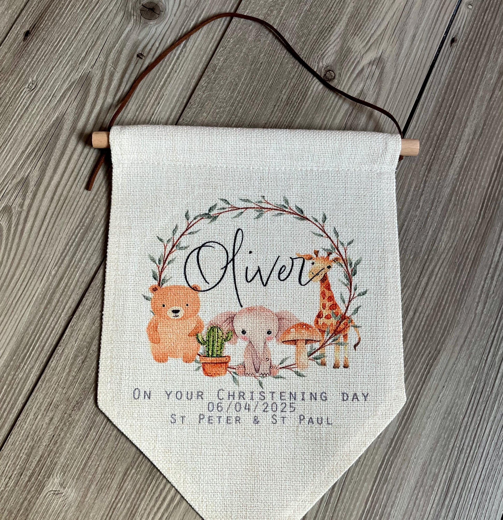 personalised christening safari animal wall hanging, christening gift, baptism gift, wall hanging, baby gift, christening baby gift