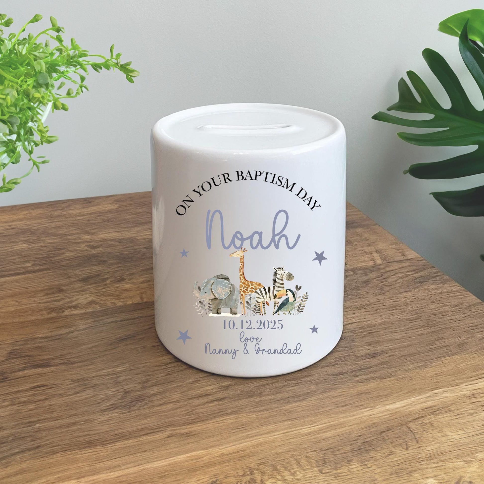 Personalised baby safari animal christening money box gift, Personalised animal baptism money box gift, Personalised childrens gift