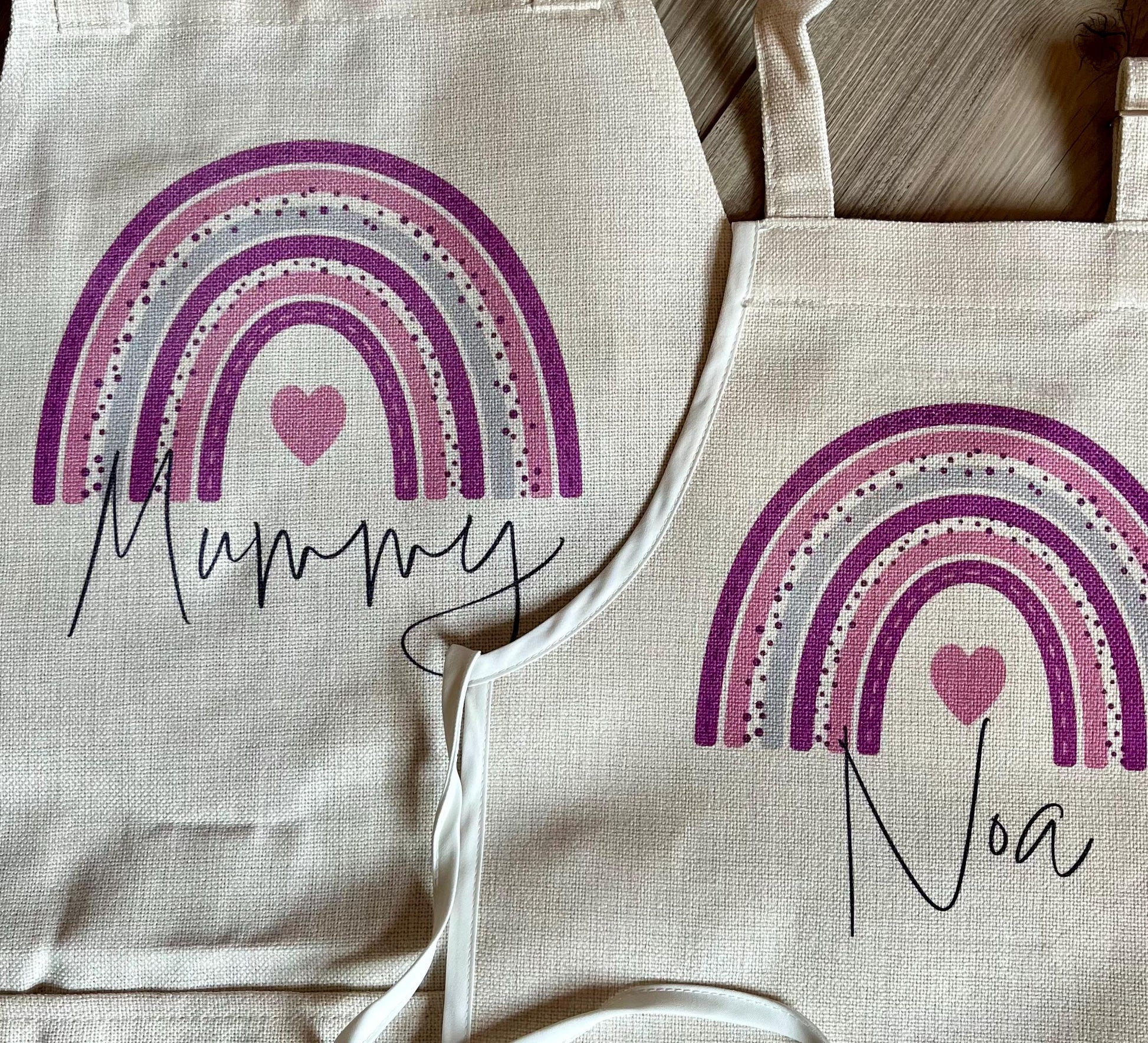 Personalised mummy and child rainbow matching aprons, mothers day apron, Mothers day baking apron, Grandmas baking apron