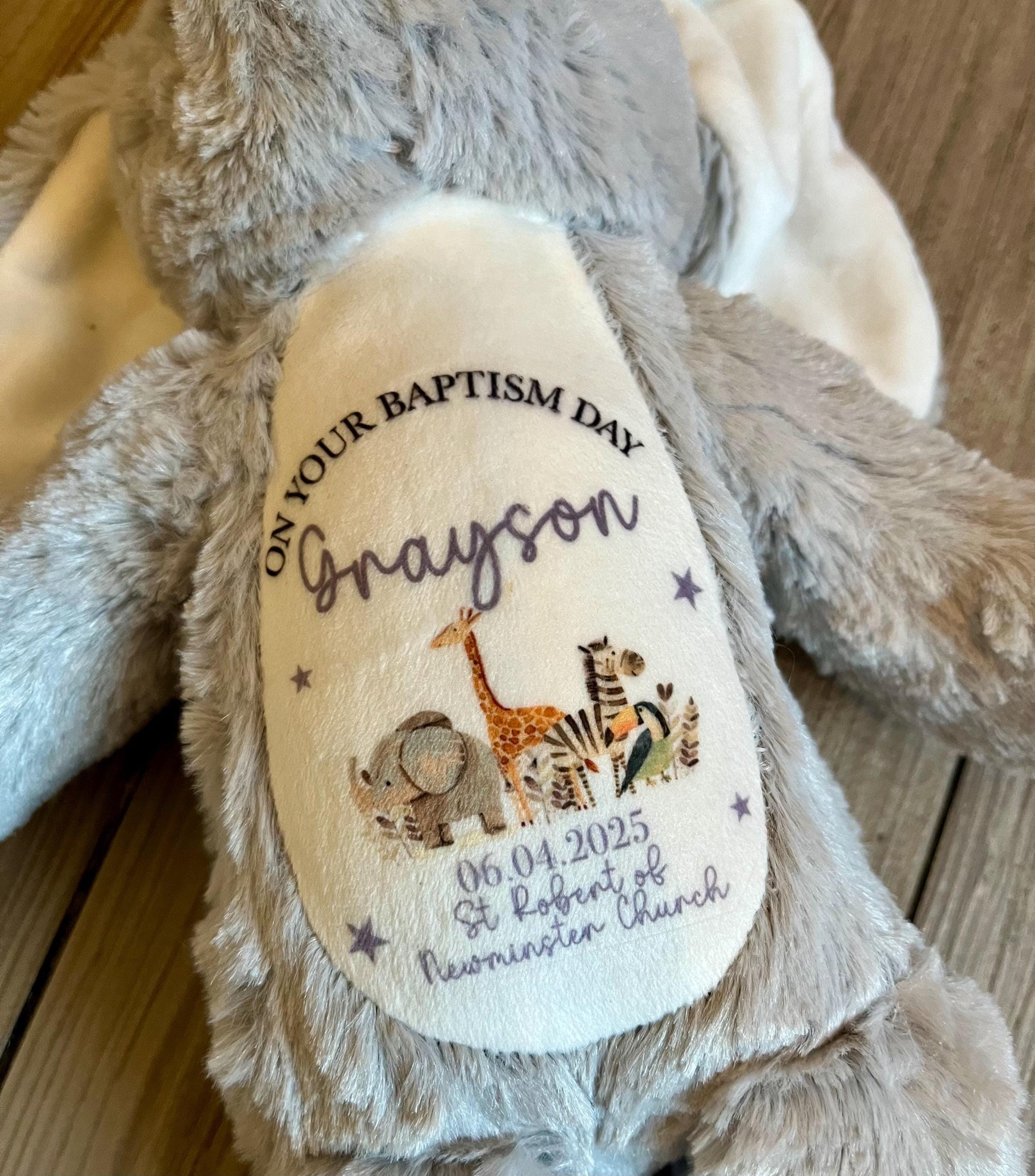 Personalised christening safari animal teddy, Personalised baptism safari animal teddy, Personalised childrens teddy gift