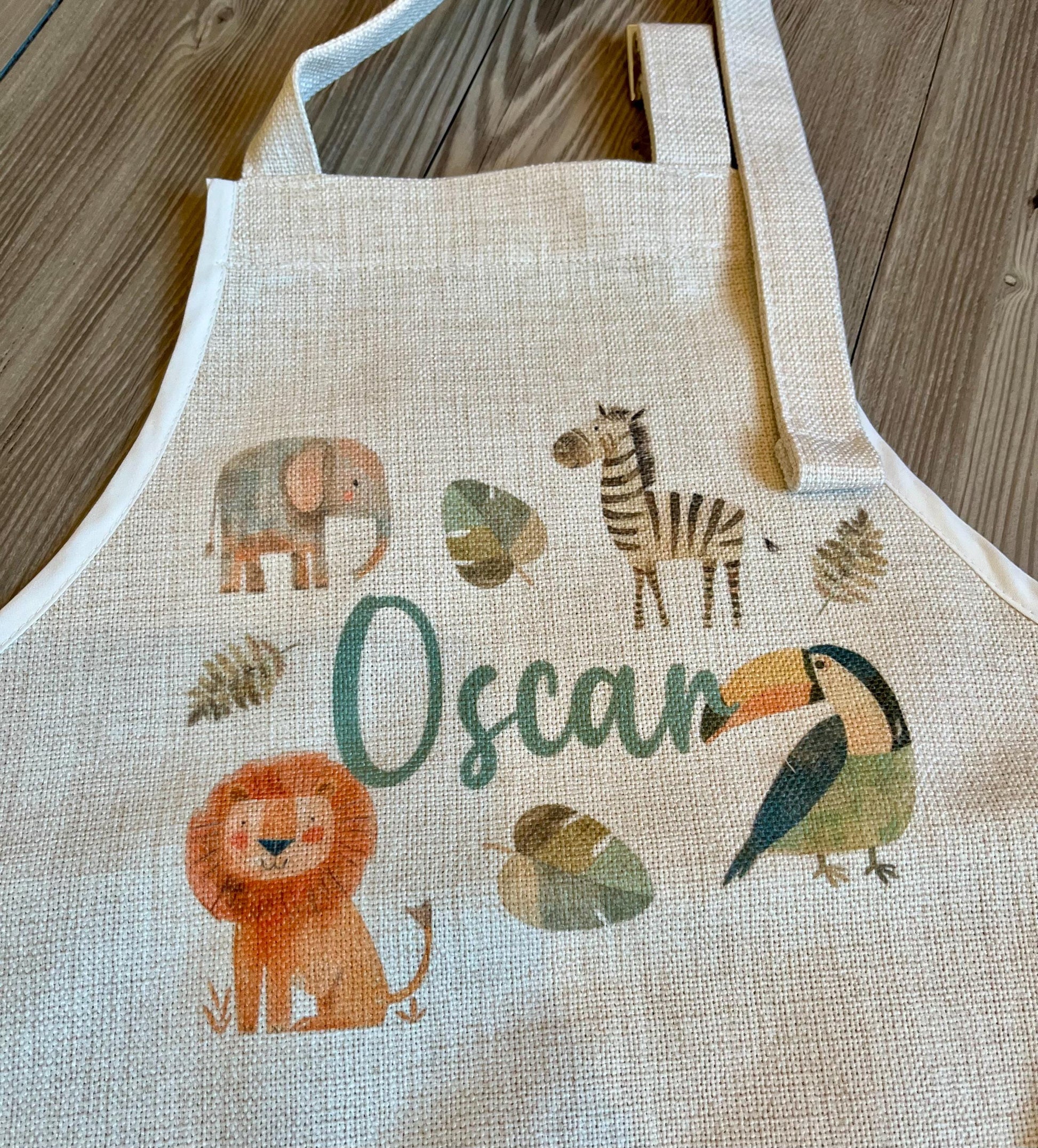 Personalised childrens safari animal apron gift, Childrens safari animal baking apron, star baker apron