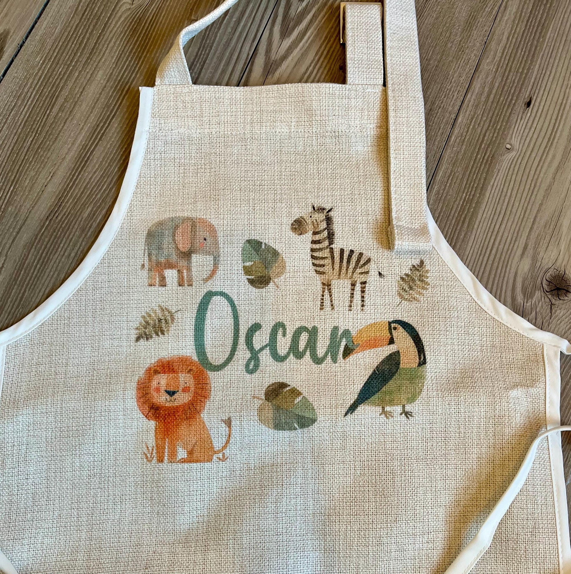Personalised childrens safari animal apron gift, Childrens safari animal baking apron, star baker apron