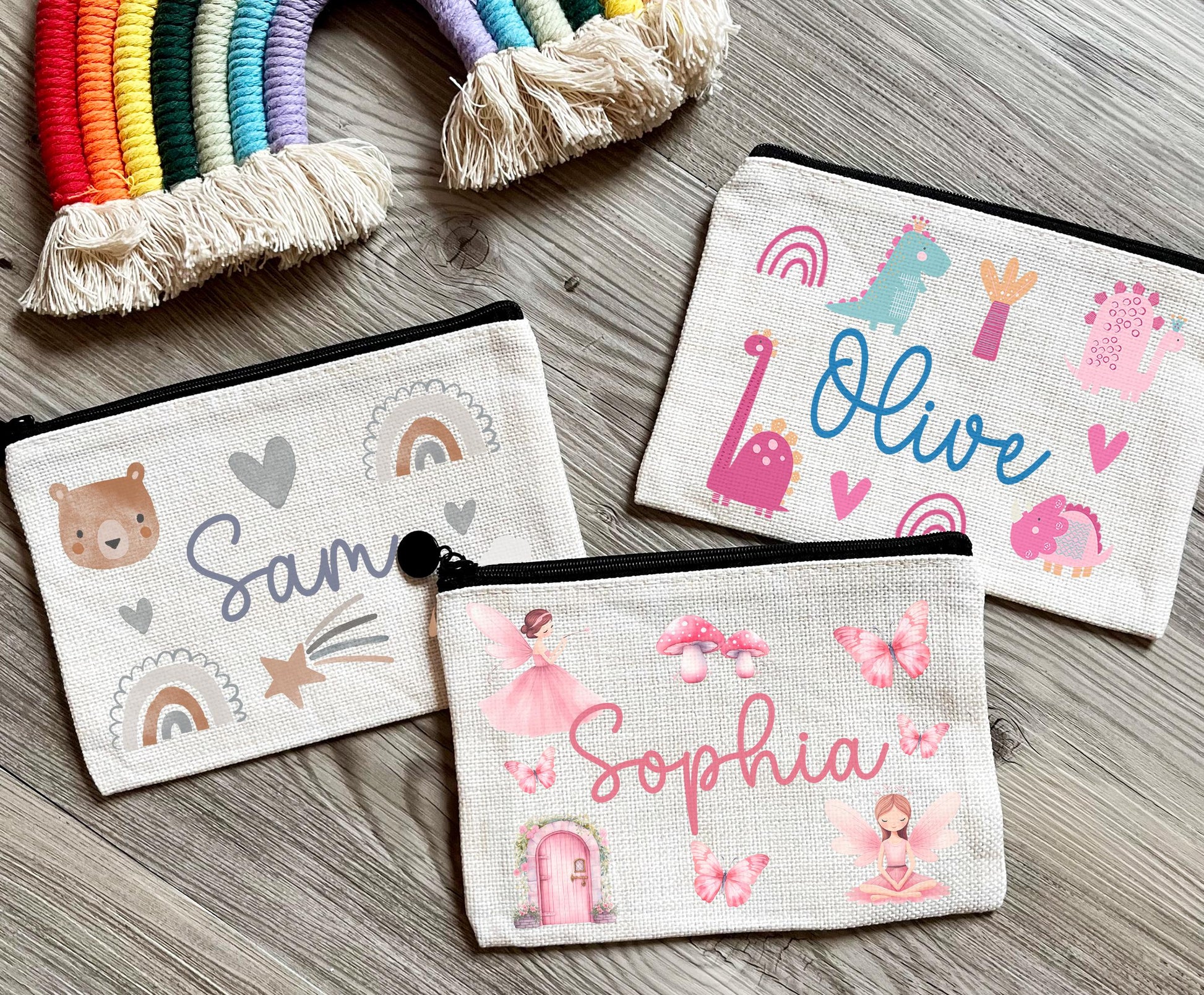 Personalised  childrens boho animal pencil case, Personalised dinosaur pencil case, Personalised fairy pencil case, Back to school