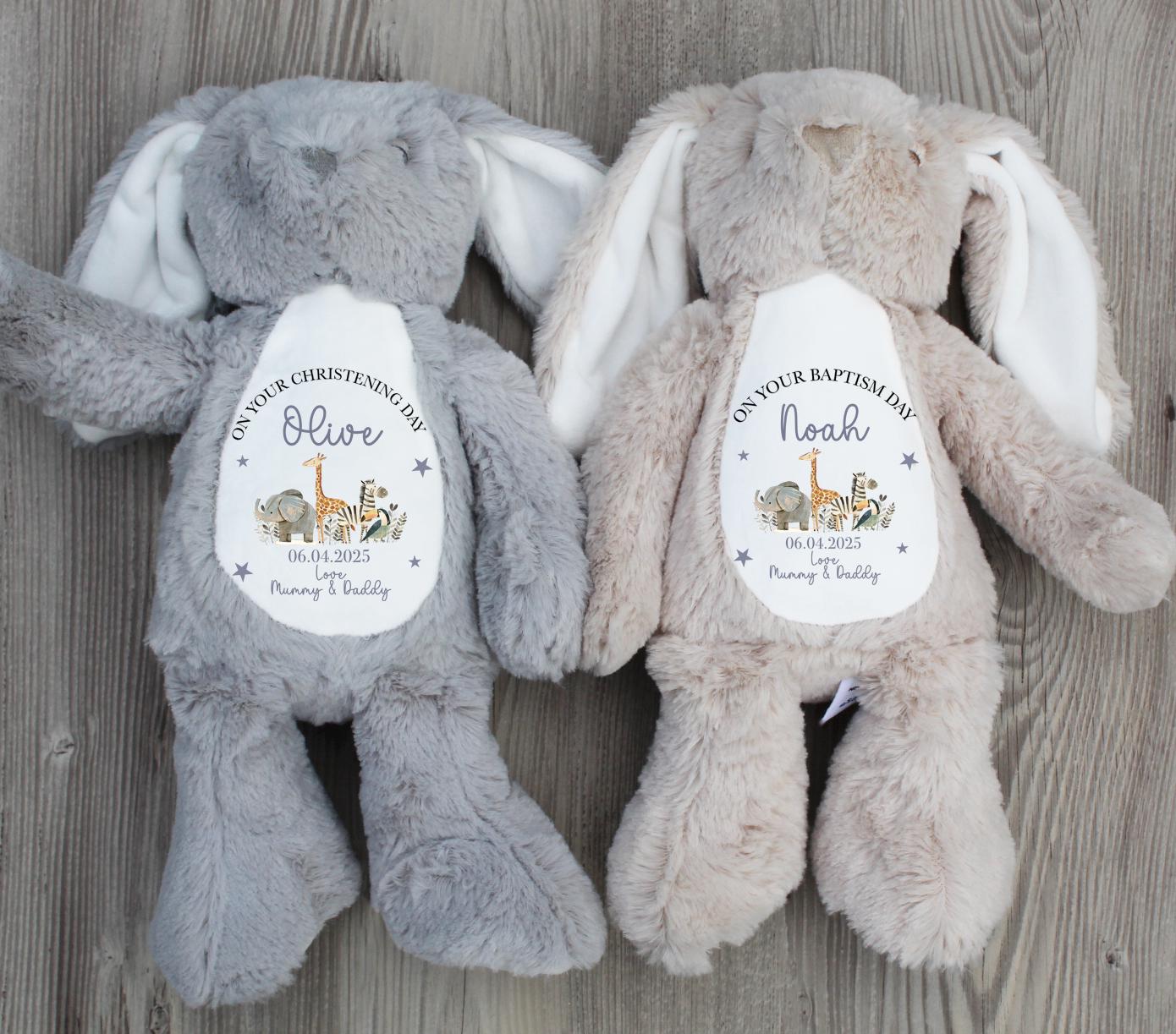 Personalised christening safari animal teddy, Personalised baptism safari animal teddy, Personalised childrens teddy gift