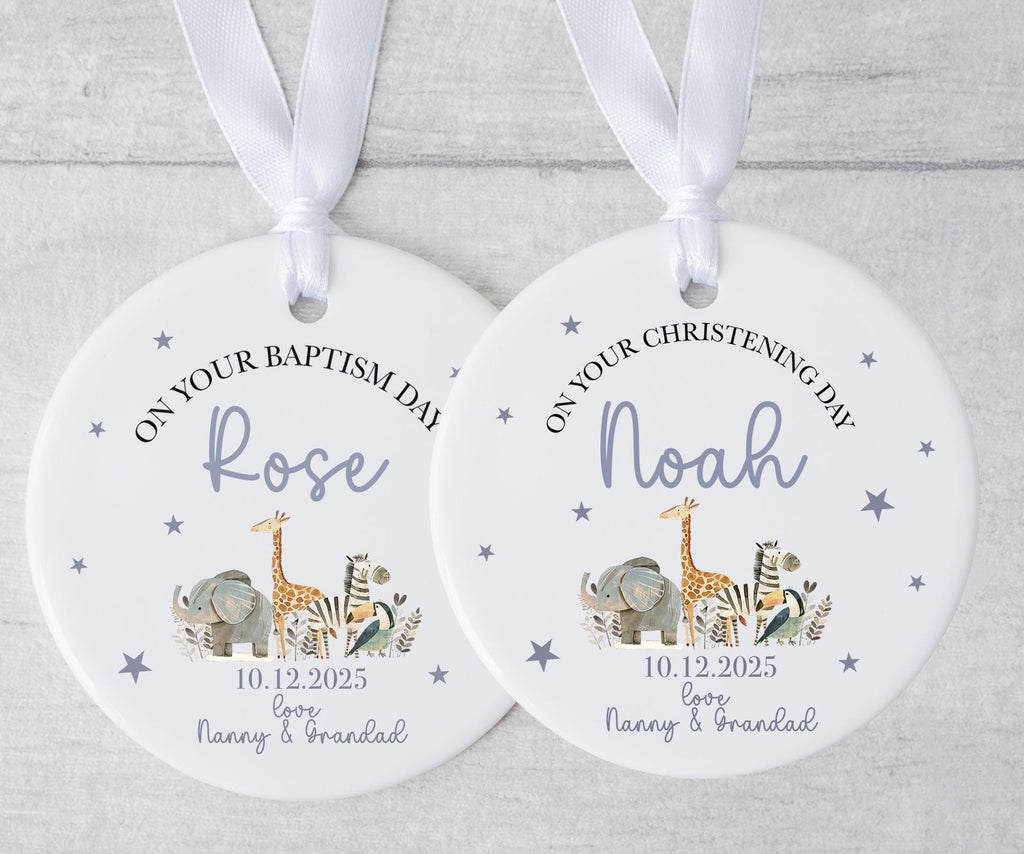 Personalised christening safari animal ceramic ornament, Baptism ceramic ornament, Gift for baby girl, Gift for baby boy