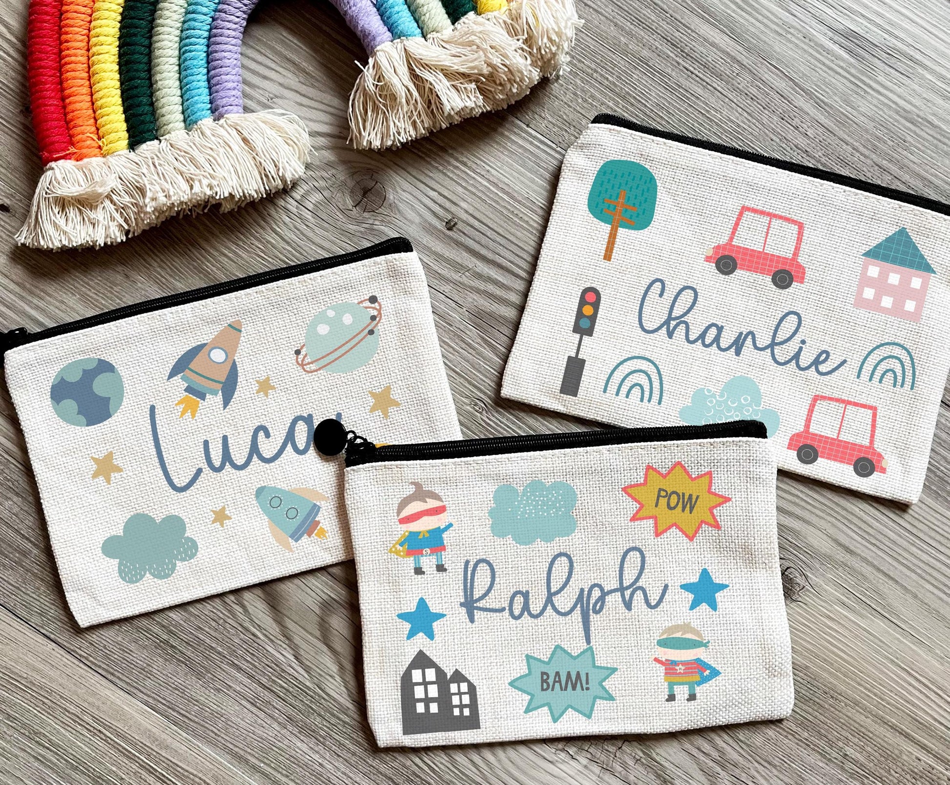 Personalised  childrens space pencil case, Personalised superhero pencil case, Personalised cars pencill case, Back to school
