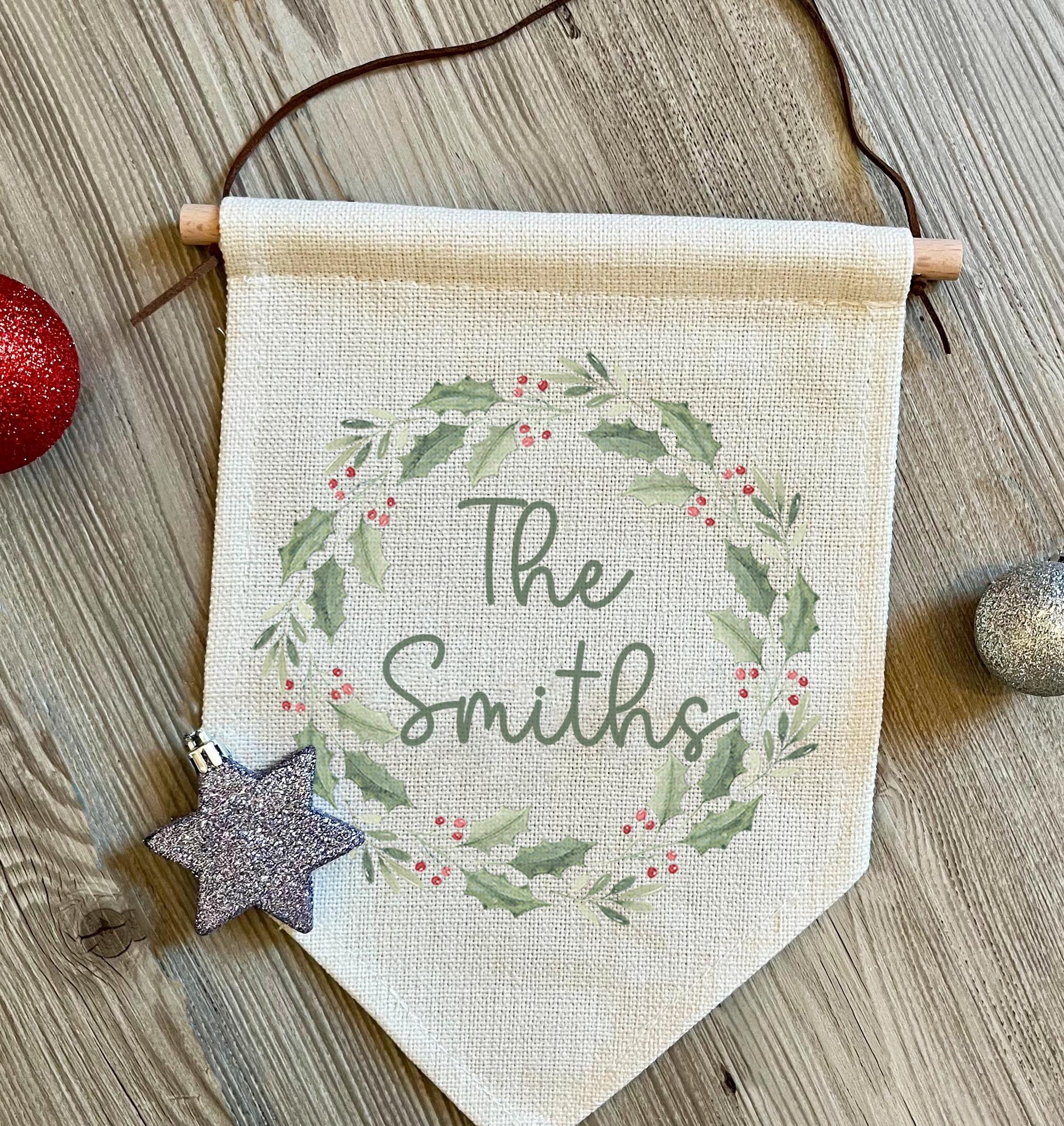 Personalised Christmas green holly wreath sign, christmas eve box, personalised santa sack,  christmas sign, xmas decor
