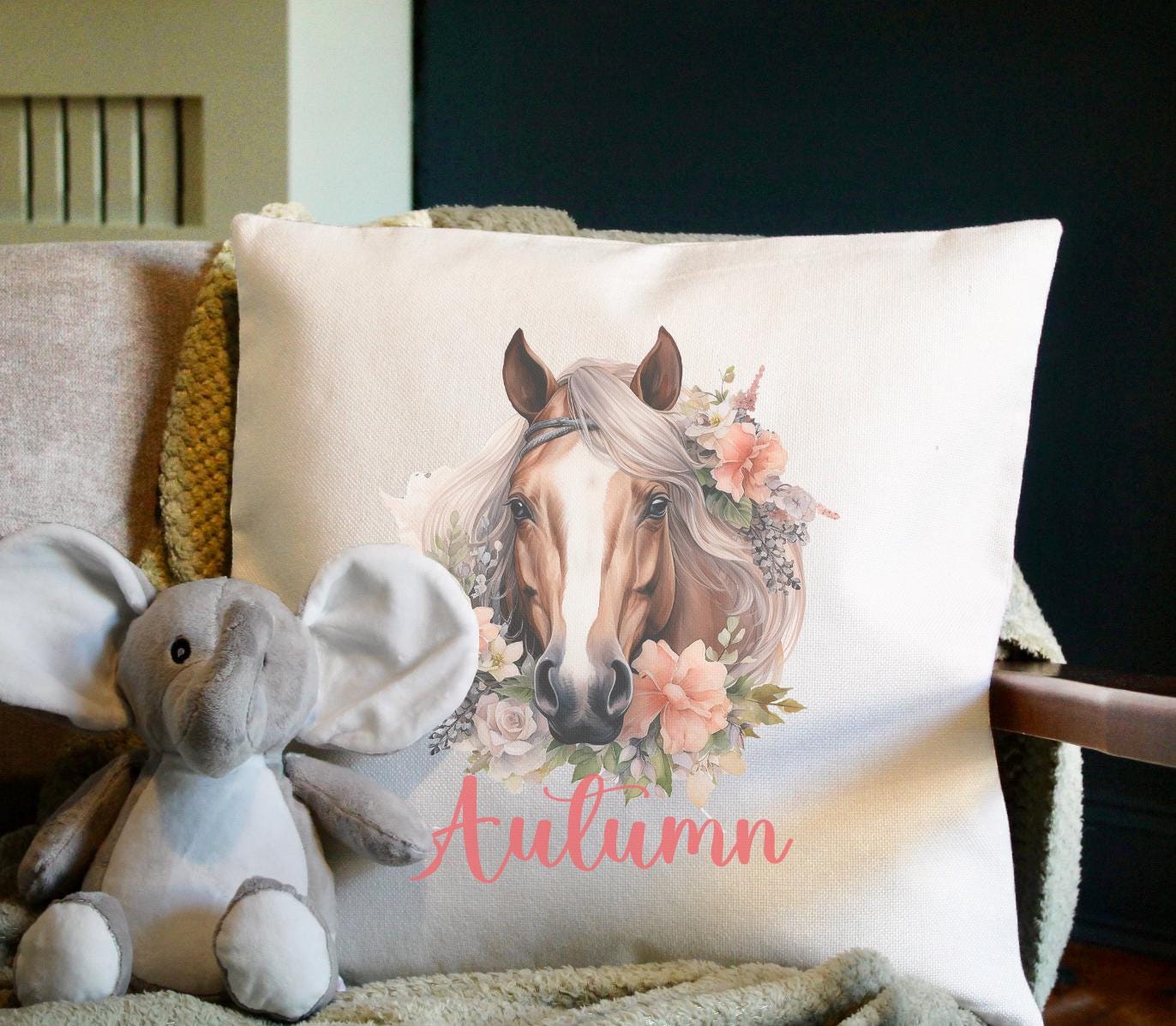 Personalised childrens horse cushion, Childrens horse decor, Childrens horse bedroom decor