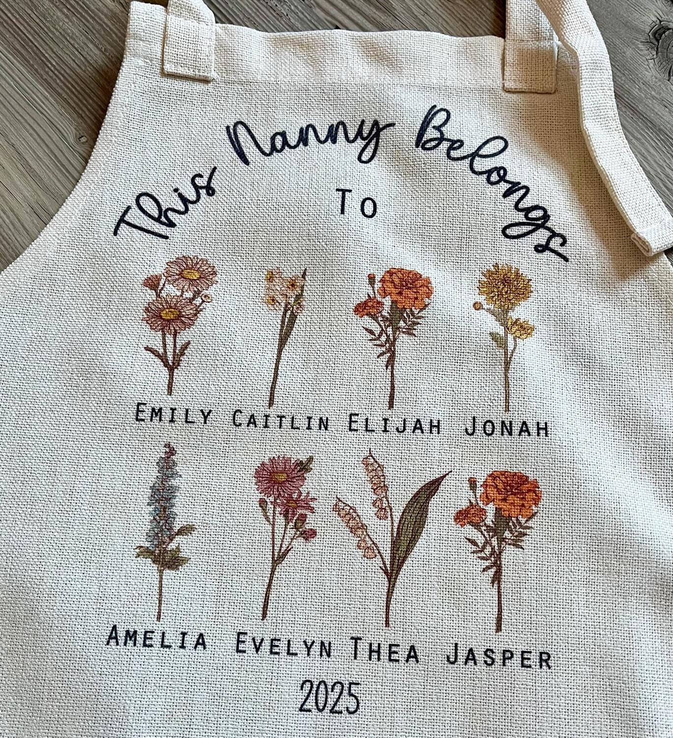 Personalised grandchild birth flower apron,  grandmother custom present pinny, Personalised mummy baking apron, Personalised granny baking