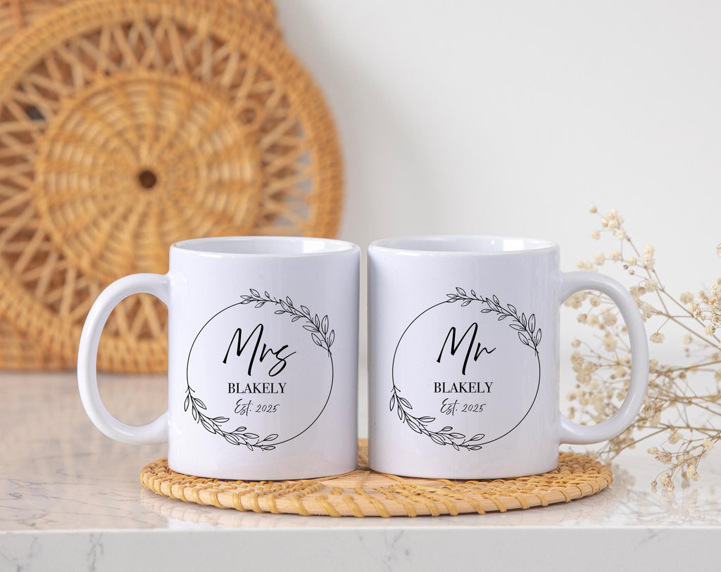 Personalised mr and mrs EST wreath wedding mugs gift, Wedding couple gift favours, Personalised couple mugs, Personalised wedding couple mug