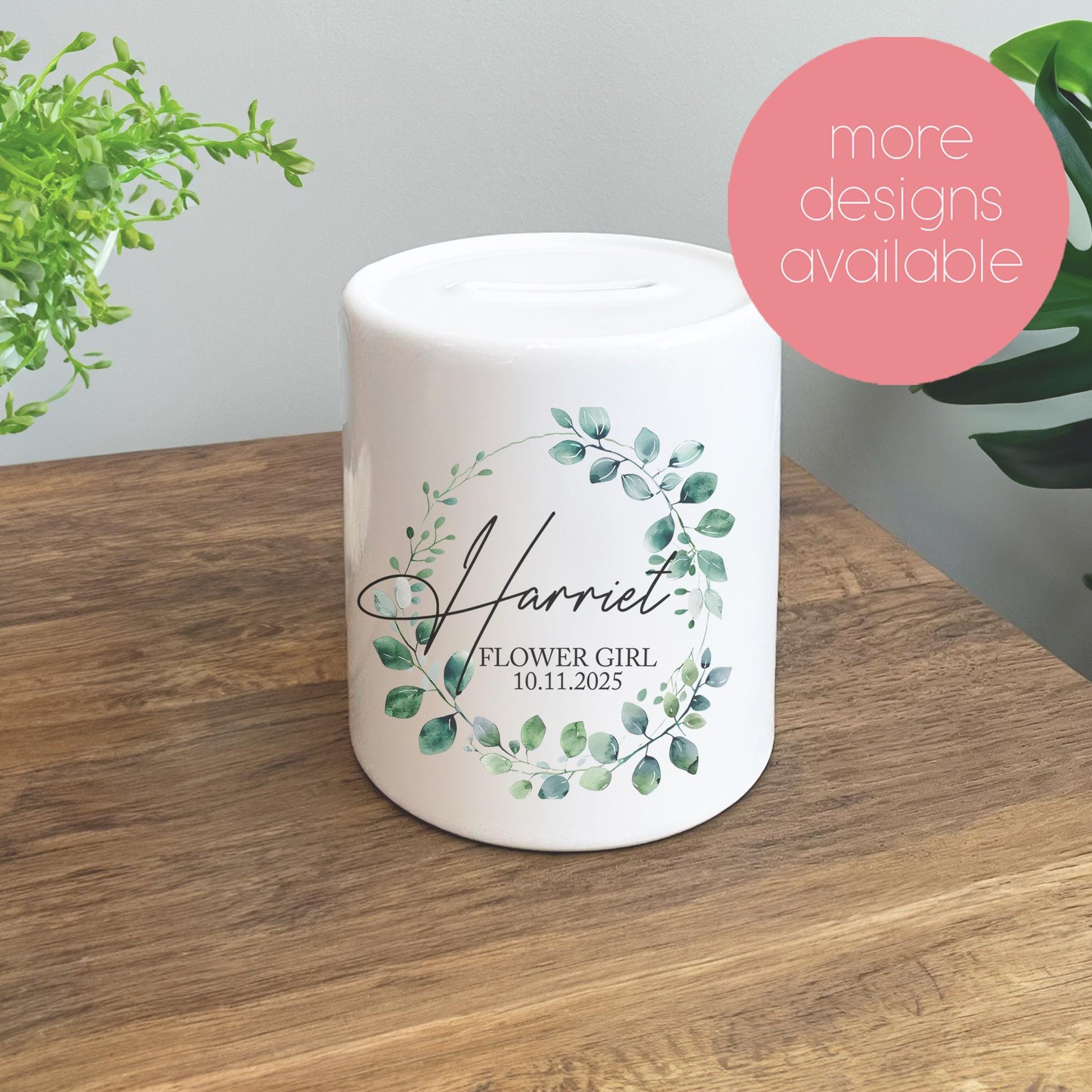 Personalised flower girl bridesmaid page boy mini best man  floral wreath money box  piggy bank present