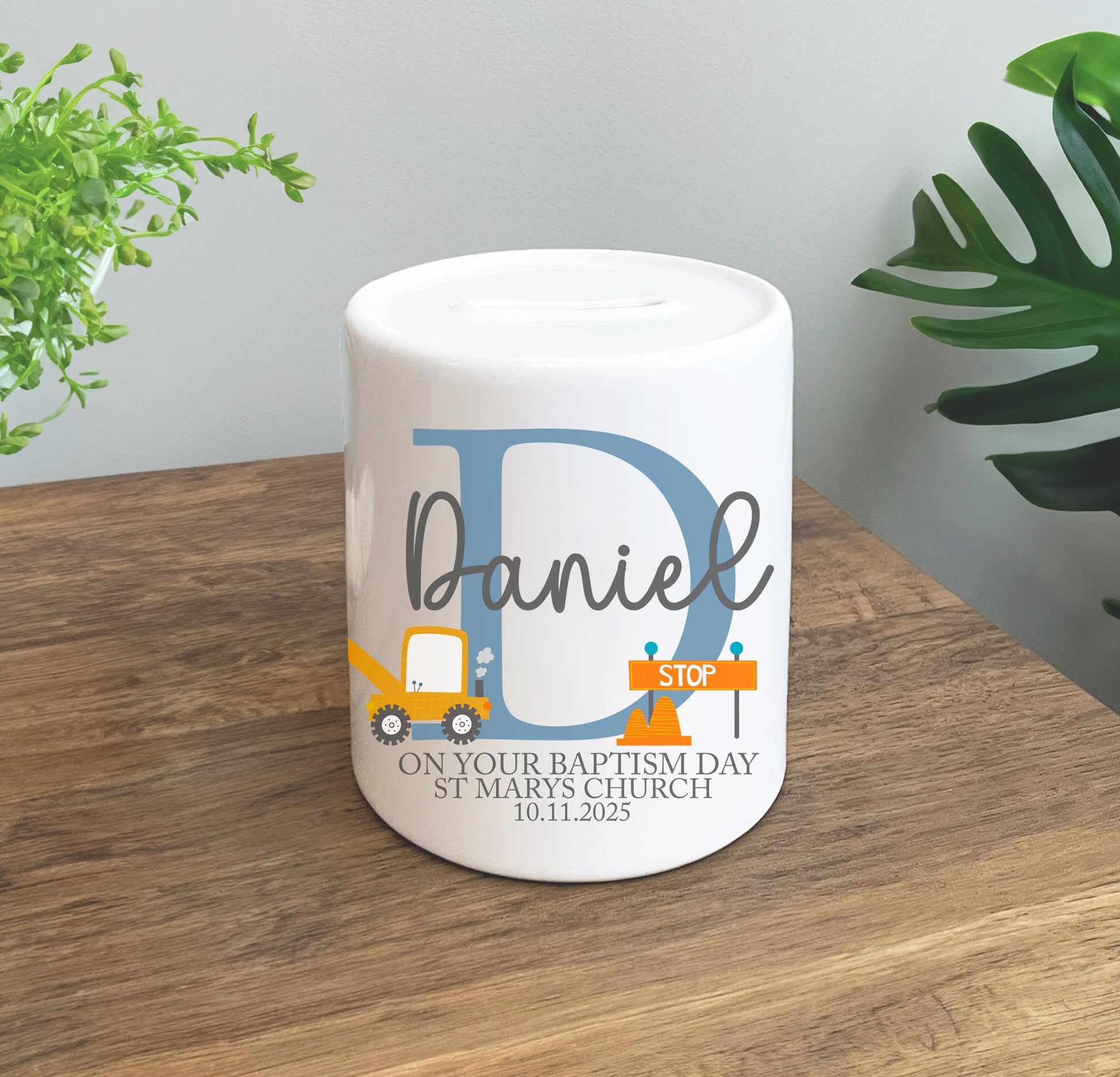 Personalised digger christening piggy bank, Personalised baptism piggy bank, Personalised dedication day piggy bank