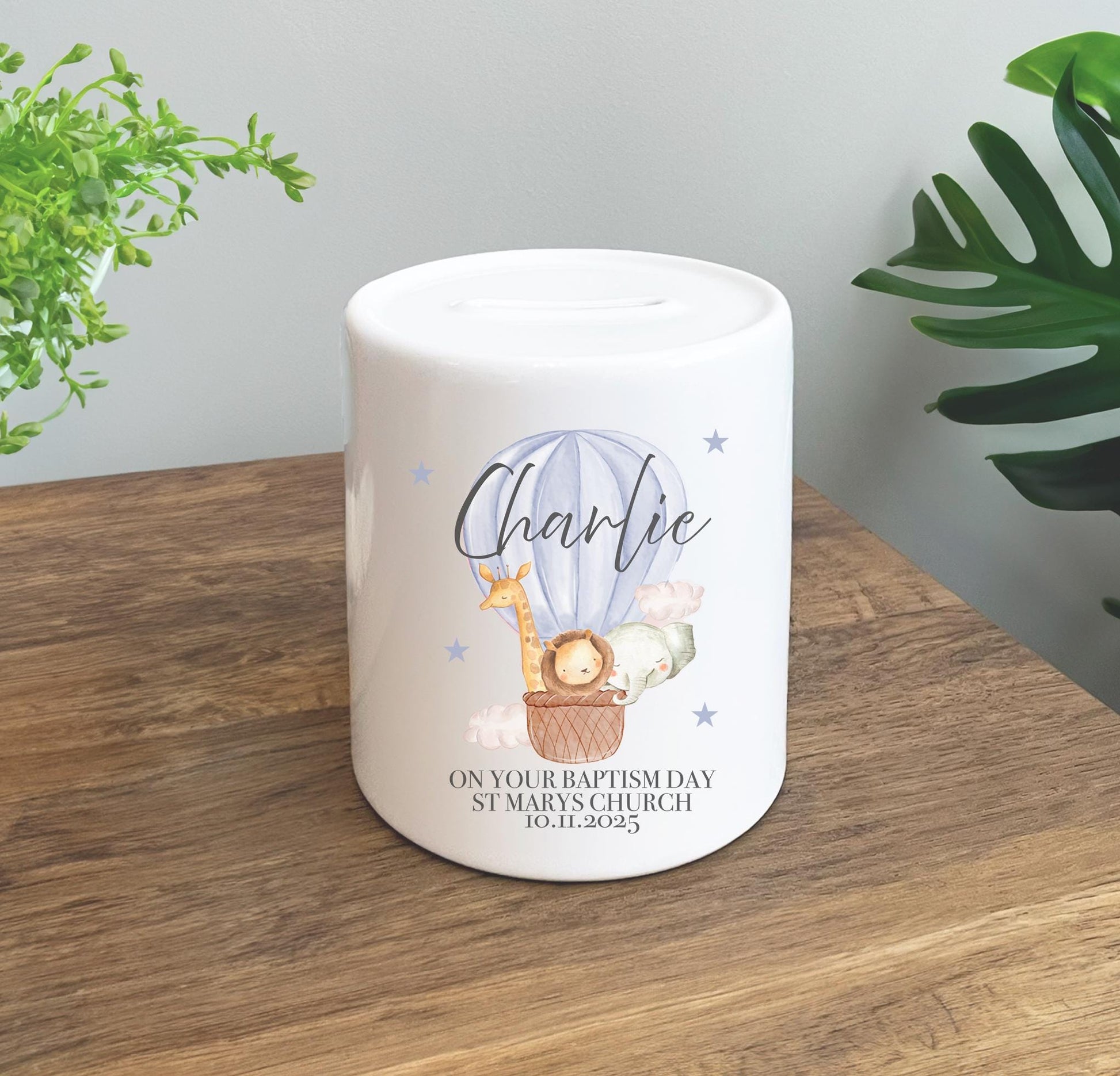 Personalised hot air balloon bear christening money pot gift, Personalised hot air bear baptism money pot gift, Personalised money pot gift