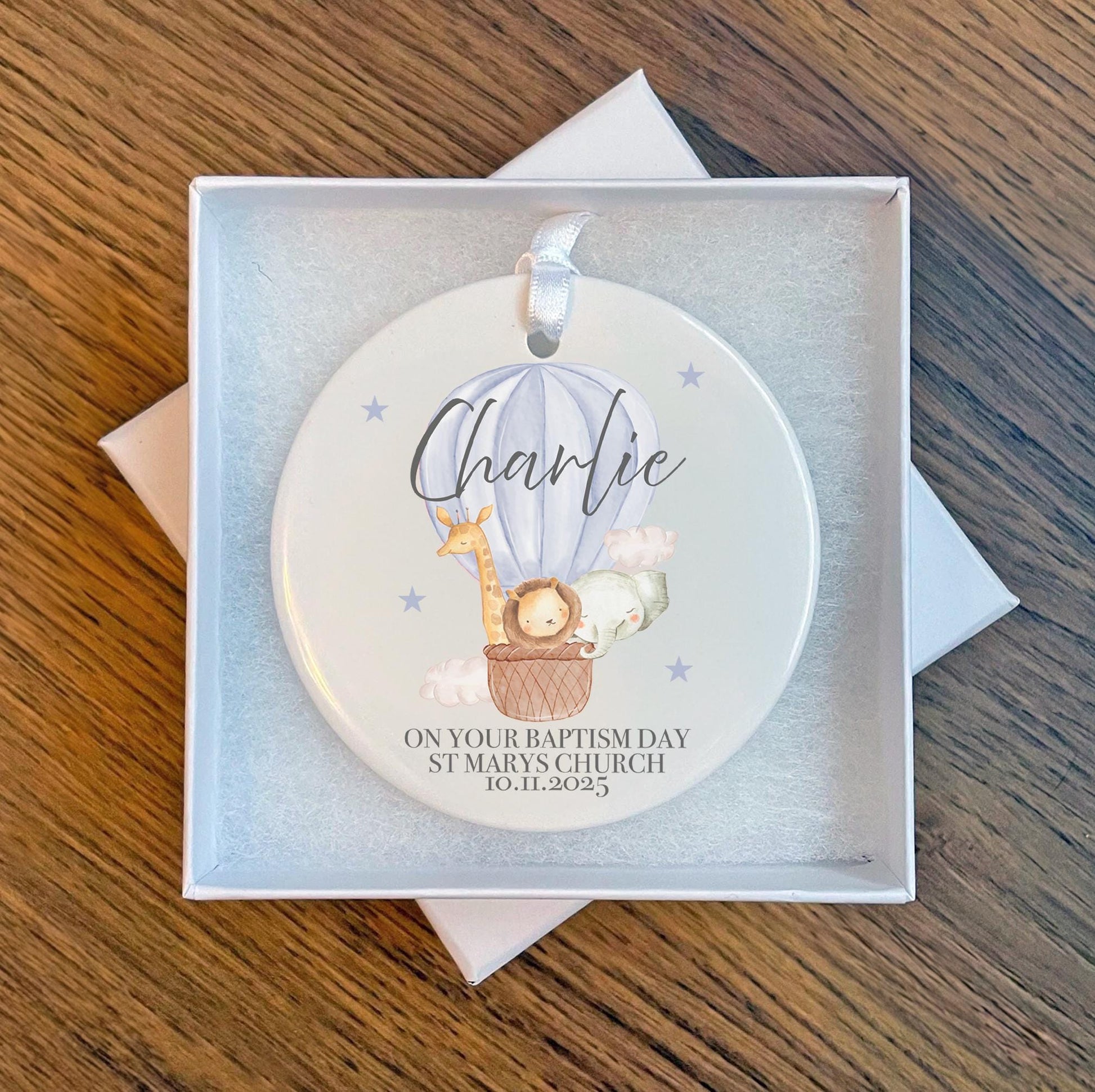 Personalised christening boy bear hot air balloon ceramic ornament, Personalised baptism ceramic ornament, Personalised naming day ornament