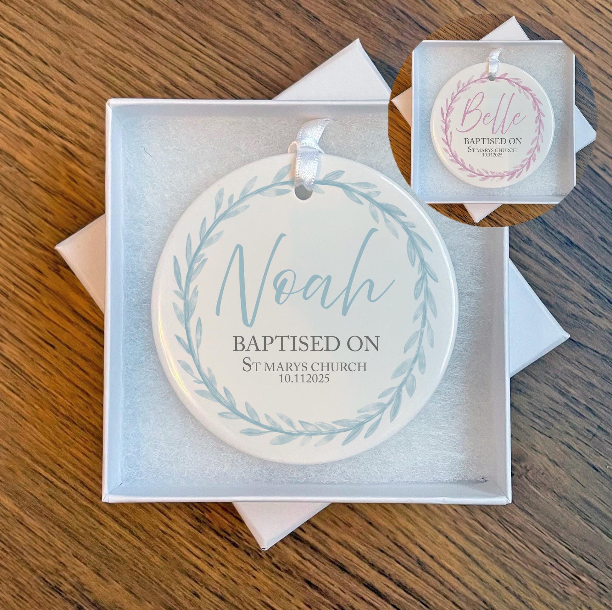 Personalised christening wreath ceraminic ornament gift, Baptism wreath ceramic ornament gift,  Dedication day ceramic ornament gift