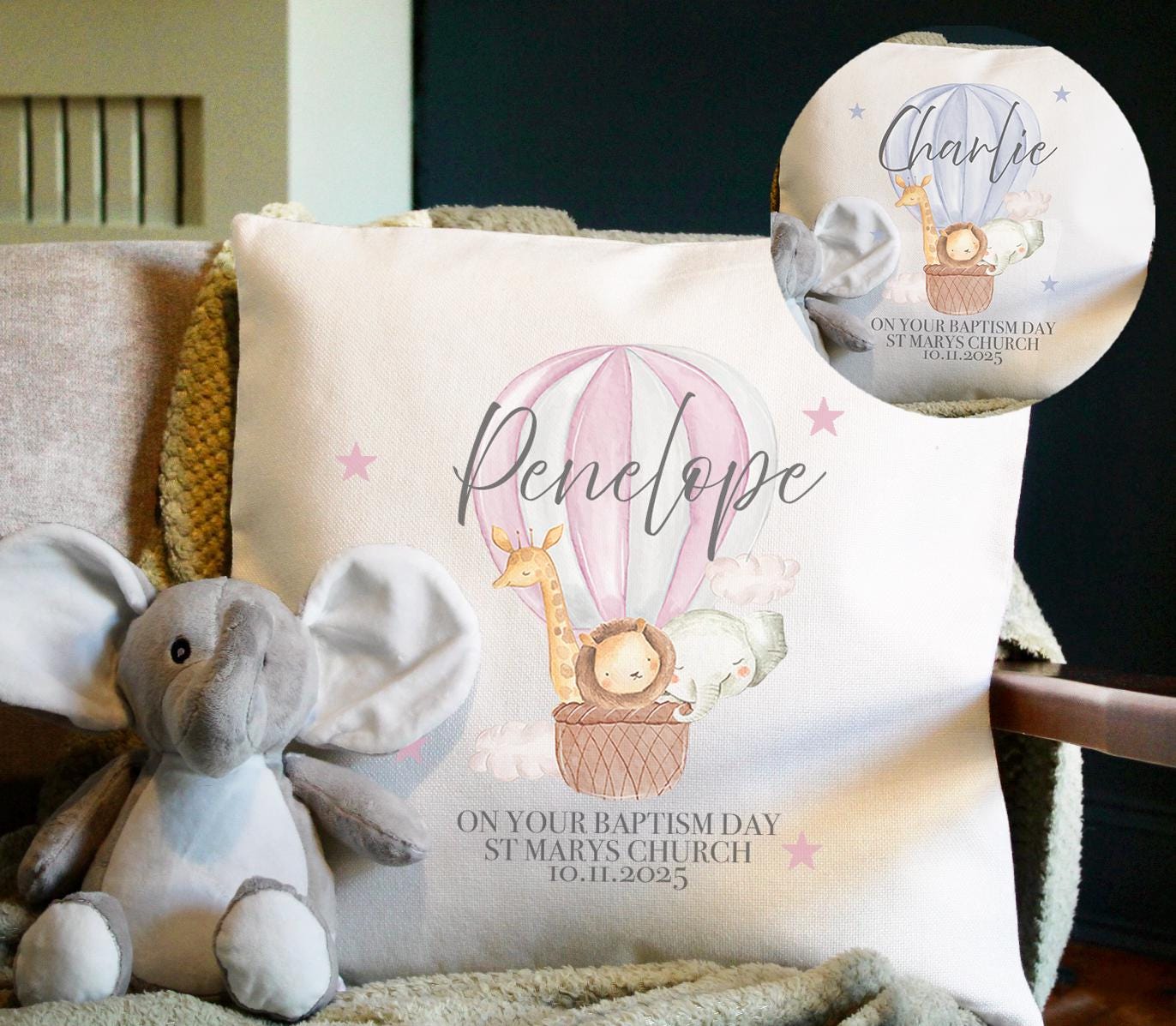 Personalised animal hot air balloon christening cushion gift, Personalised animal hot air balloon cushion gift, christening cushion gift