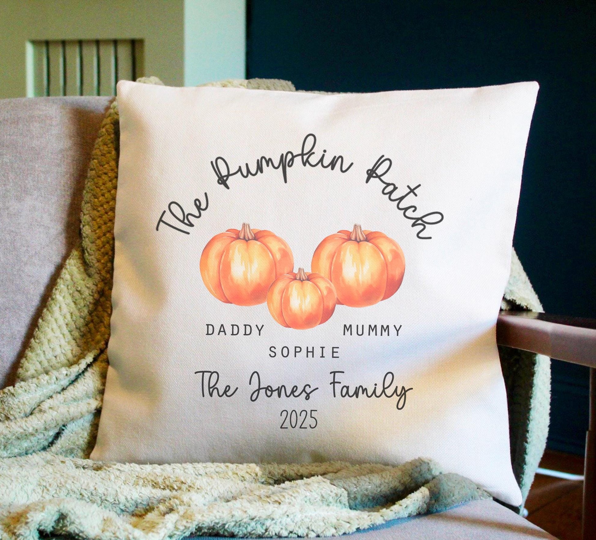 Personalised halloween decor  the pumpkin patch family cushion