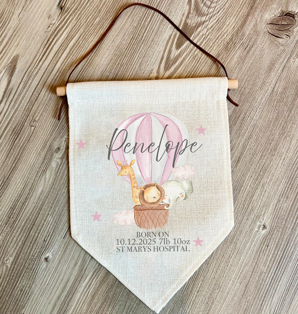 personalise new baby birth stat wall hanging, new baby gift, nursery decor, baby gifts, boho animal baby gift, personalised baby gifts