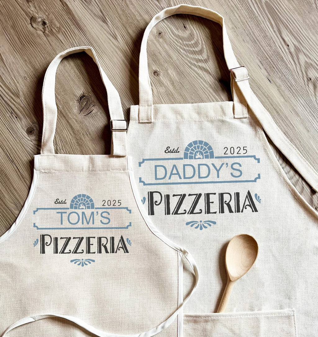 Personalised daddy and child pizzeria matching aprons, Father and son day apron, Fathers day pizzeria apron, Pizzeria apron