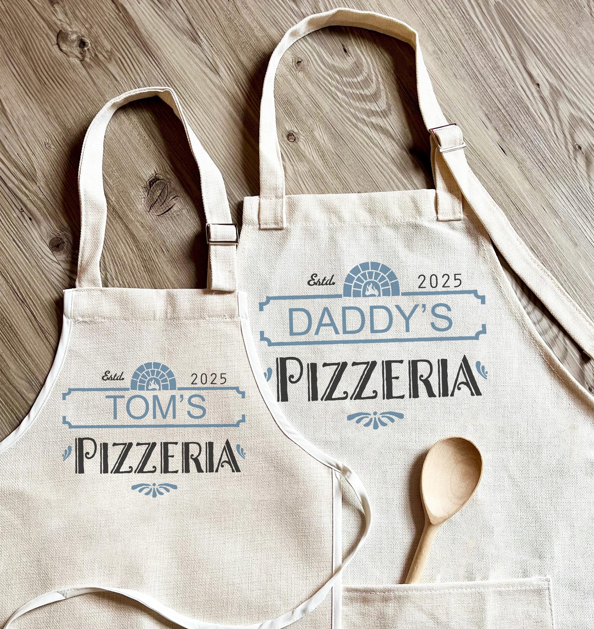 Personalised daddy and child pizzeria matching aprons, Father and son day apron, Fathers day pizzeria apron, Pizzeria apron