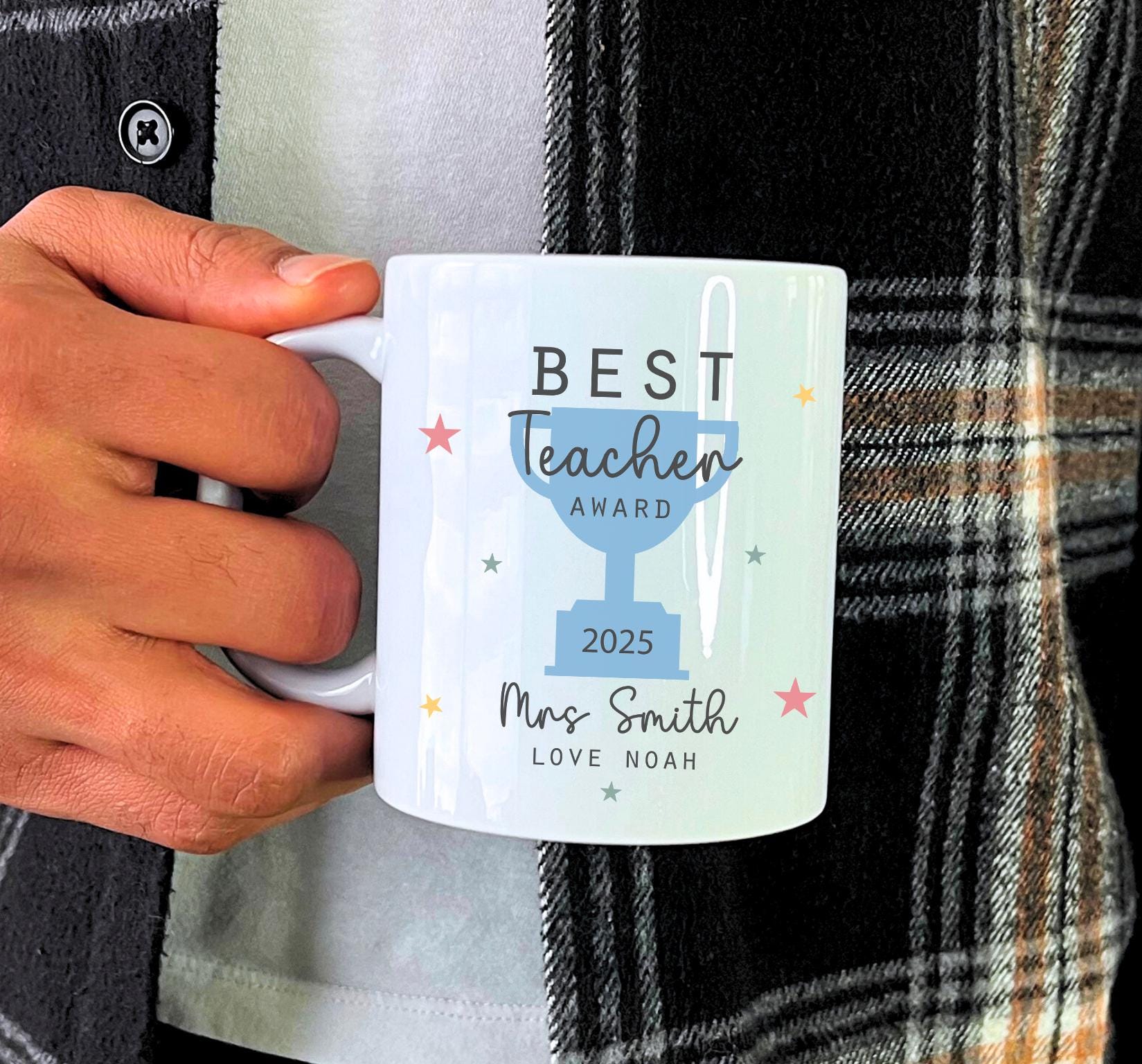 Personalised best teacher award trophy ceramic mug gift, Personalised teacher appreciation mug, Personalised best teacher trophy
