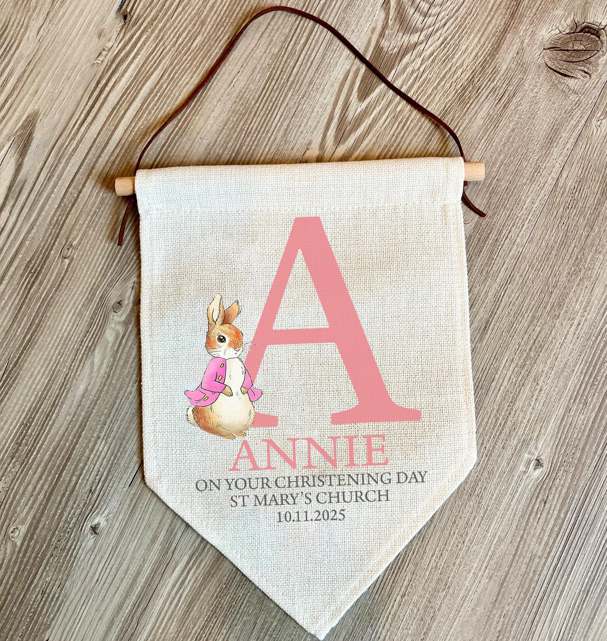 Personalised initial blue rabbit hanging banner christening gift, Personalised initial pink and blue rabbit baptism hanging banner gift
