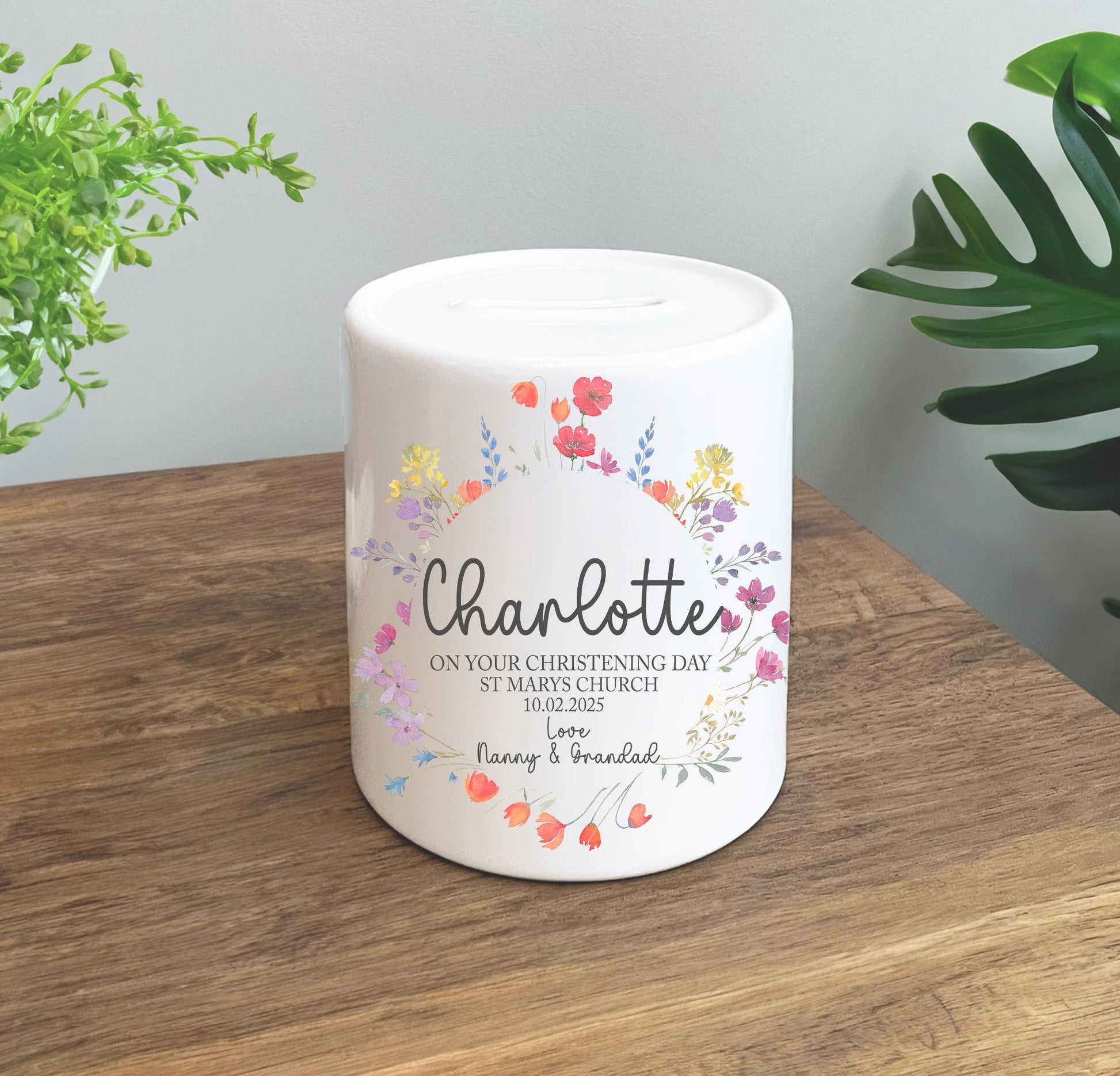 Personalised floral wreath christening piggy bank , Personalised baptism piggy bank , Personalised Dedication day piggy bank