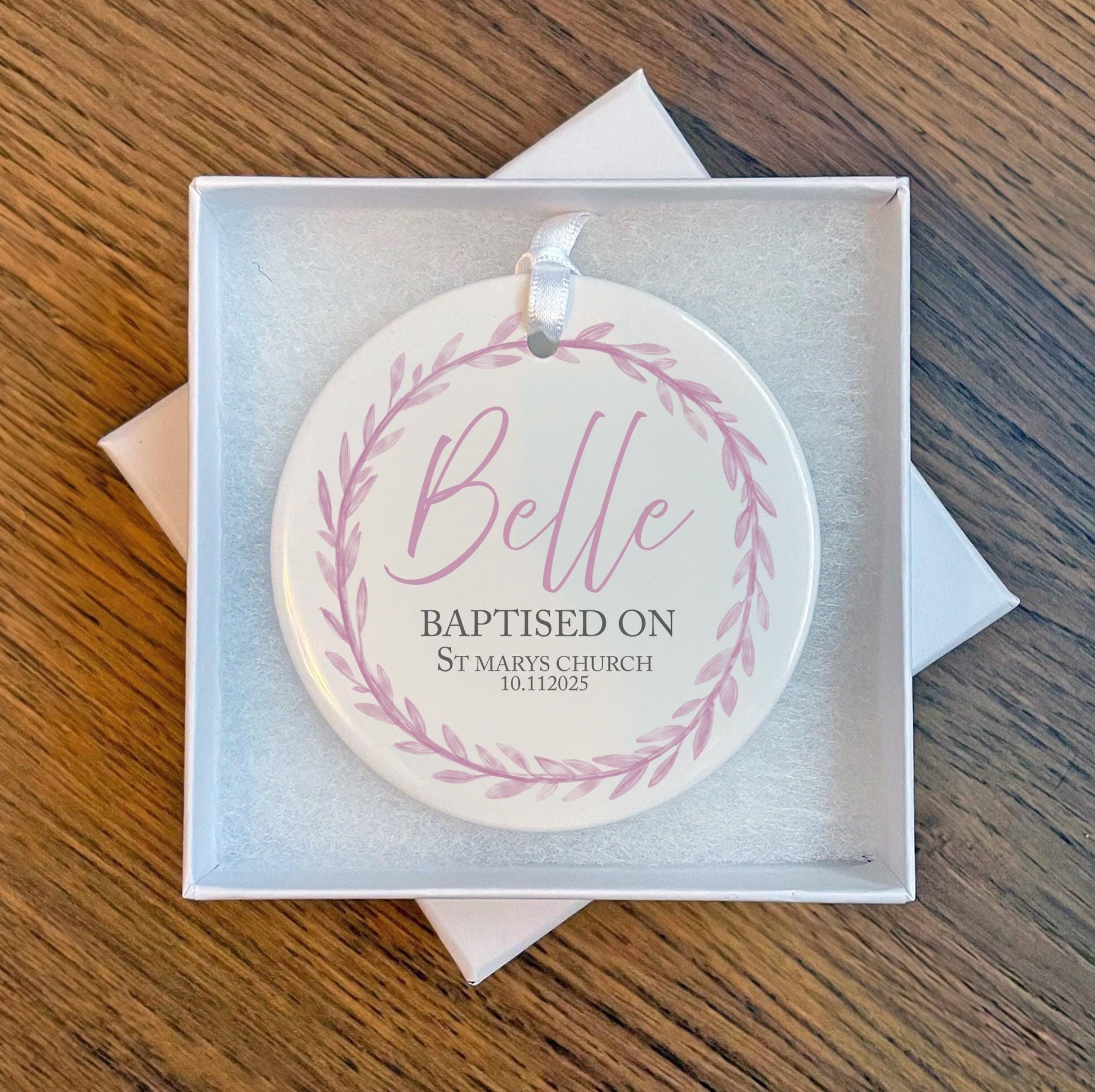 Personalised christening wreath ceraminic ornament gift, Baptism wreath ceramic ornament gift,  Dedication day ceramic ornament gift