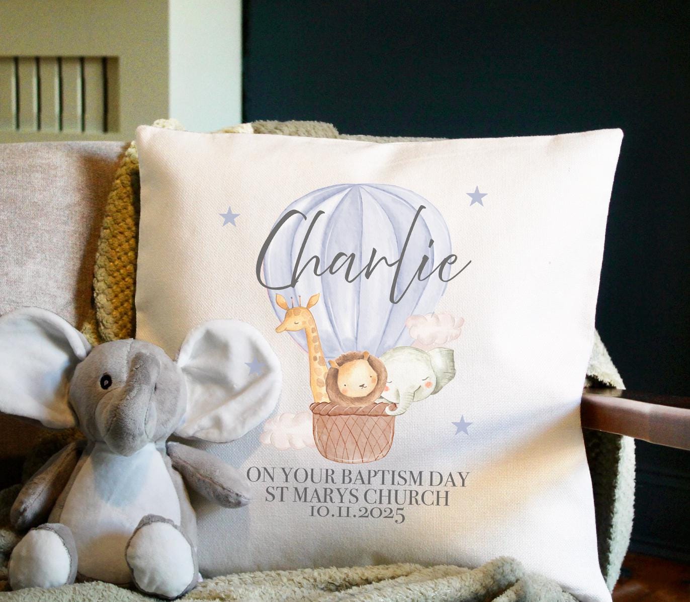 Personalised animal hot air balloon christening cushion gift, Personalised animal hot air balloon cushion gift, christening cushion gift