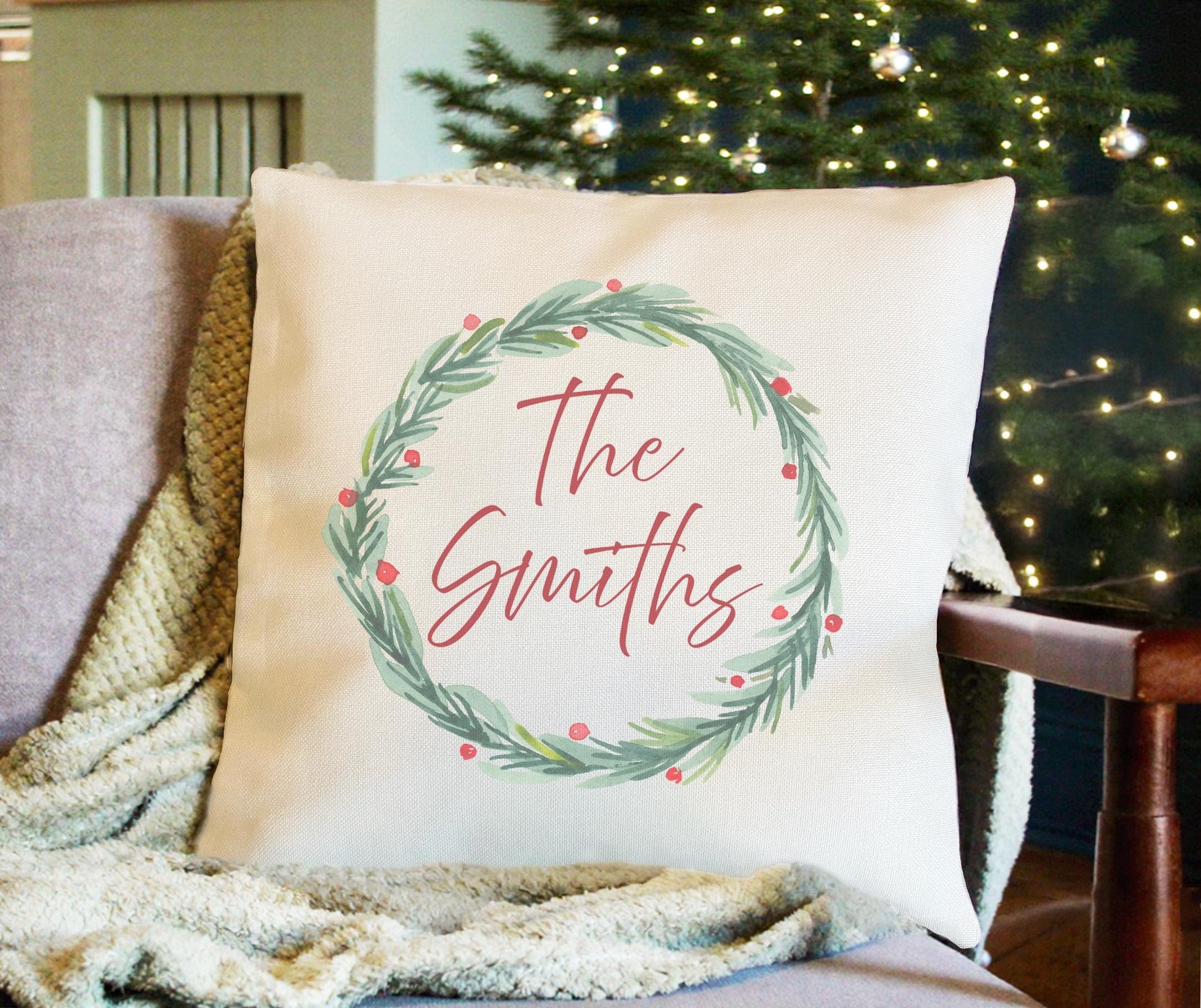 Personalised Christmas wreath family cushion, christmas eve box, personalised santa sack, first christmas, christmas stocking