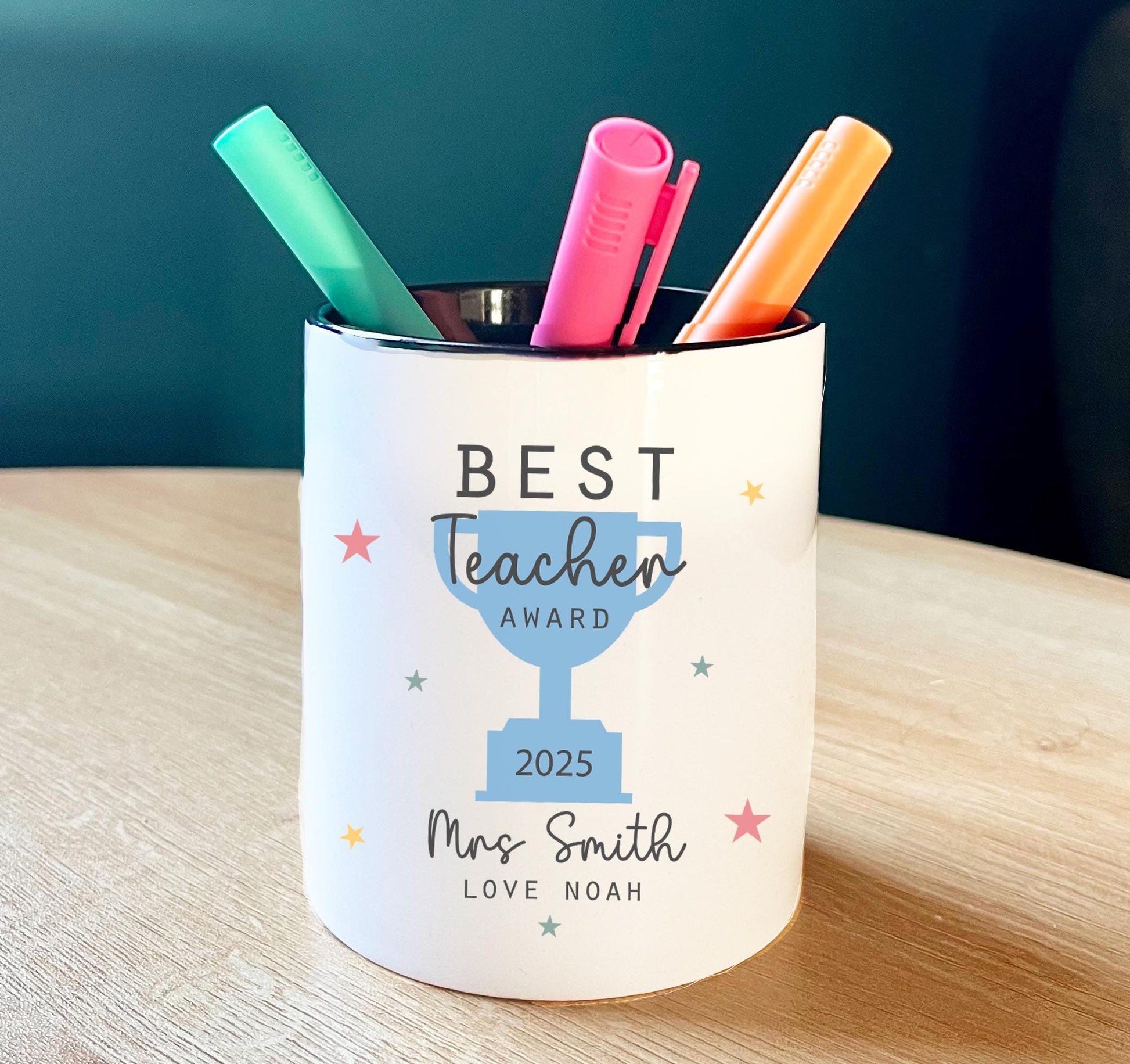 Personalised best teacher award trophy pencil pot, Personalised best headteacher pencil pot gift, Teacher appreciation pencil pot