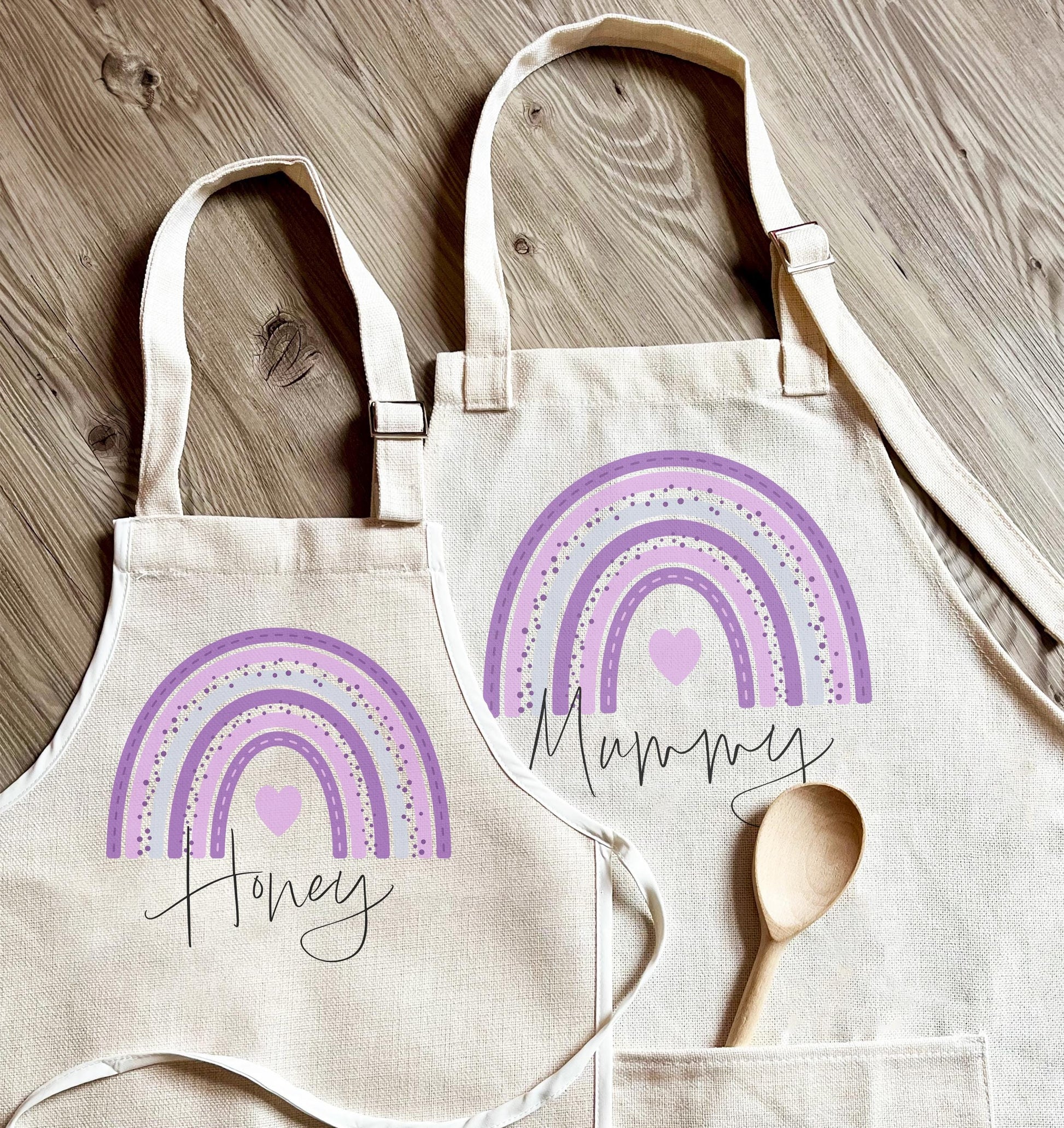 Personalised mummy and child rainbow matching aprons, mothers day apron, Mothers day baking apron, Grandmas baking apron