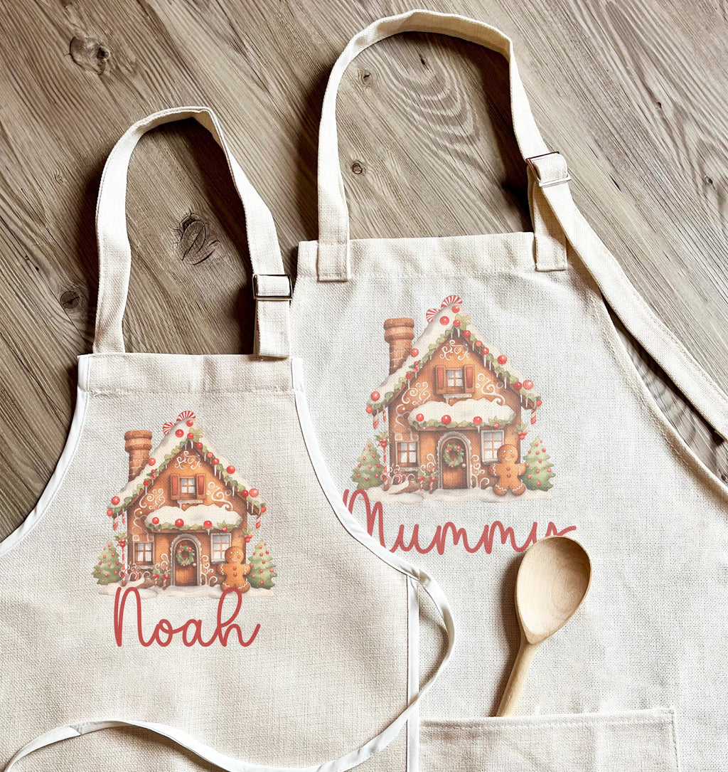 Personalised Christmas gingerbread house baking adult apron, Personalised christmas childrens baking apron, Christmas eve box filler