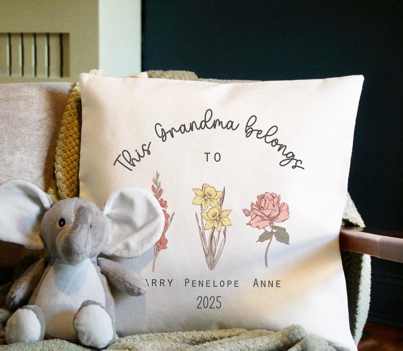 Personalised birth flower grandchild mothers day cushion, Mothers day gift, Mothers day cushion, Birthday gift