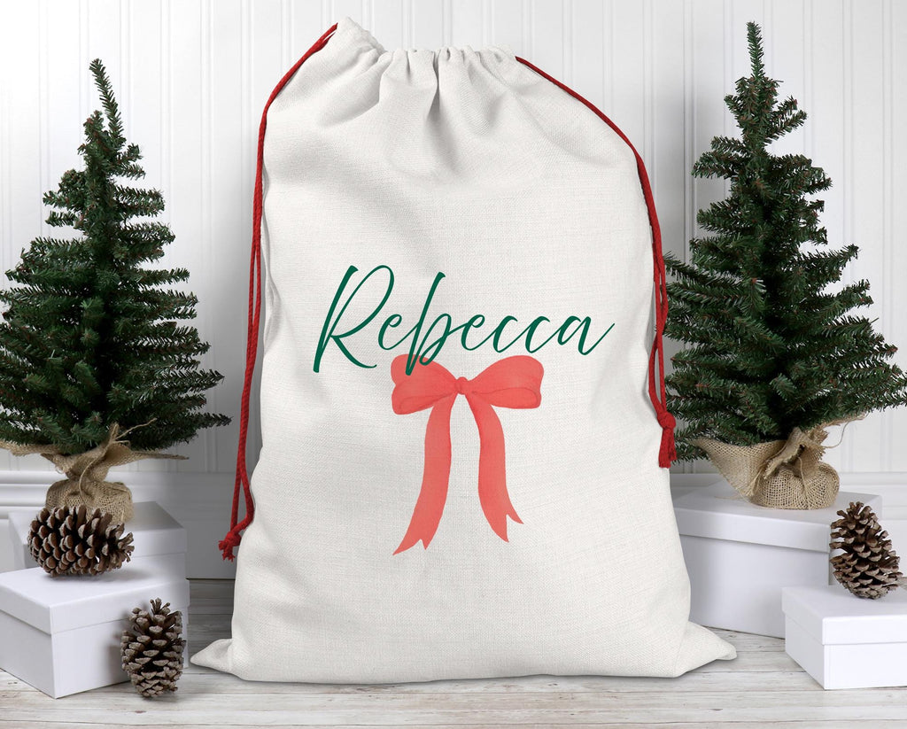 Personalised christmas red bow present sack christmas eve box personalised santa sack first christmas giftpersonalised christmas stocking